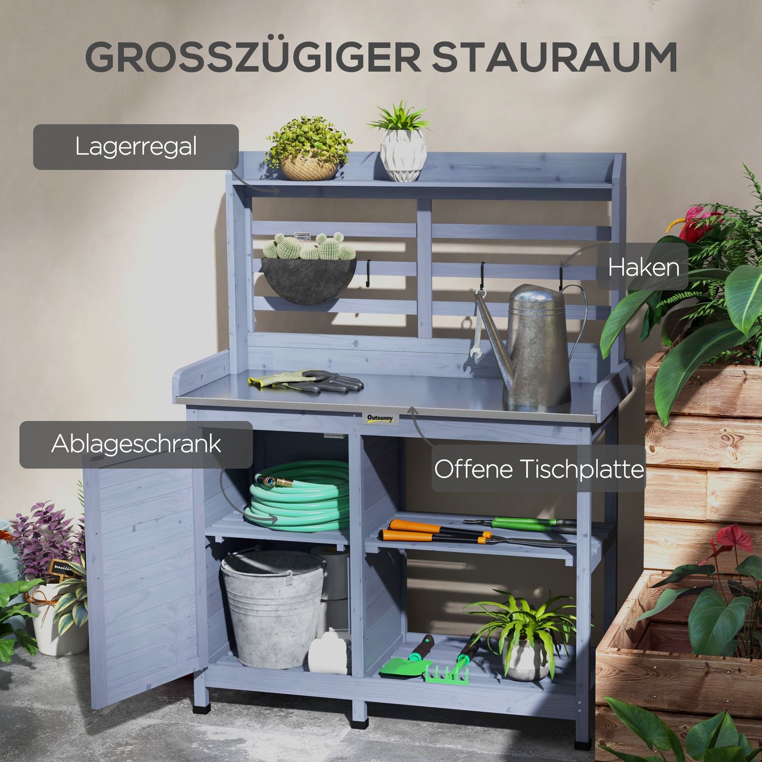 Trädgårdsväxtbord i trä med skåp och hyllor – Grå