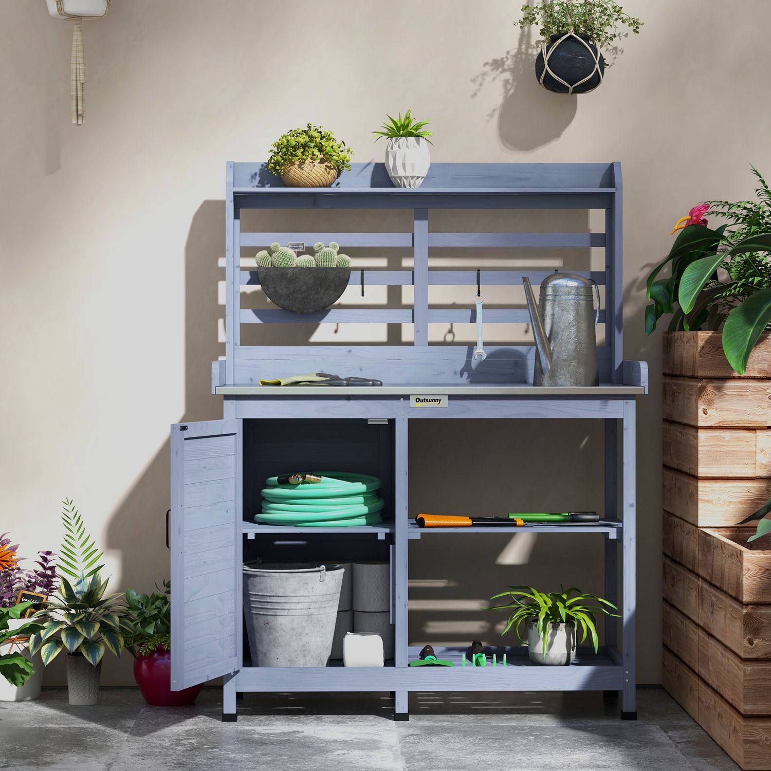 Trädgårdsväxtbord i trä med skåp och hyllor – Grå