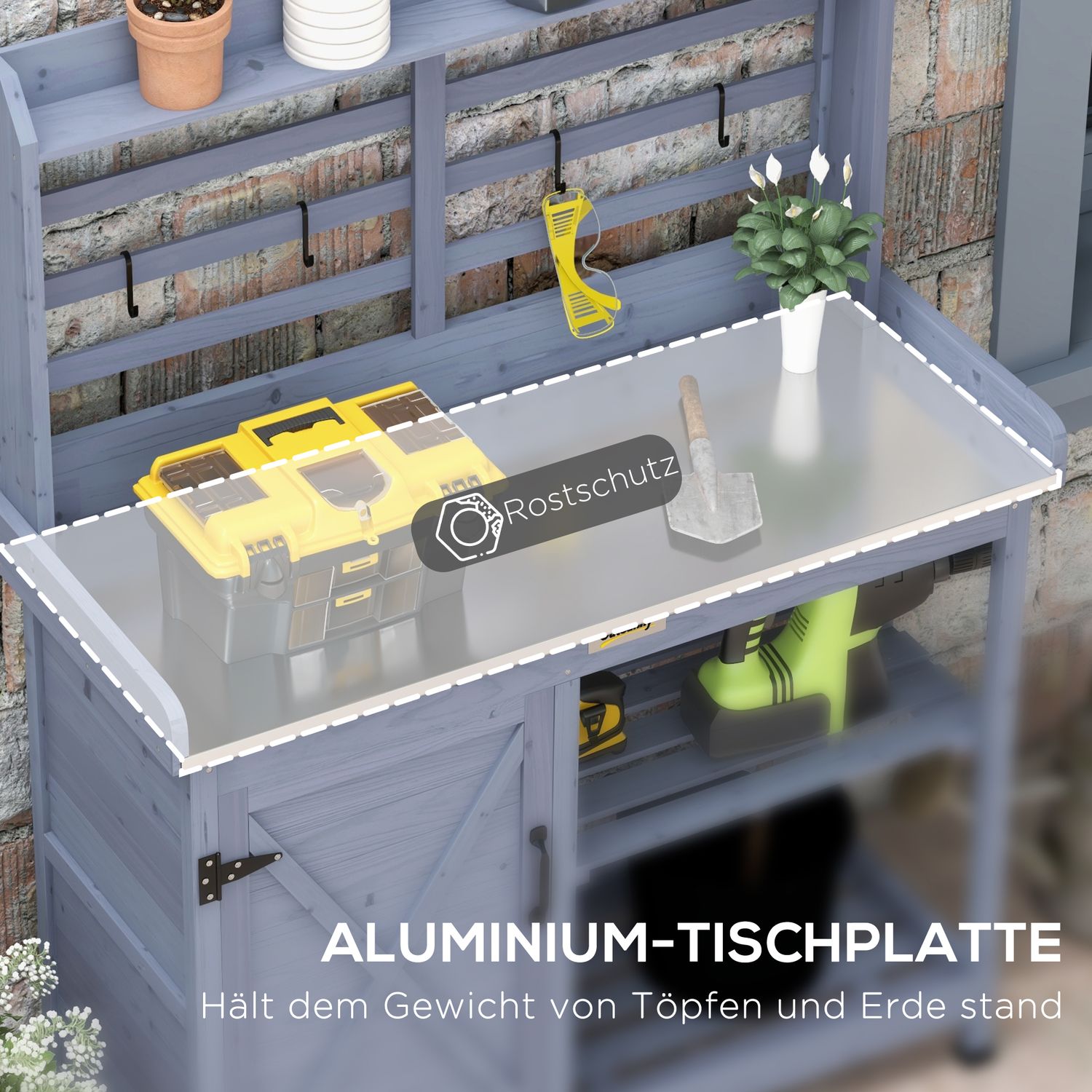 Trädgårdsväxtbord i trä med skåp och hyllor – Grå