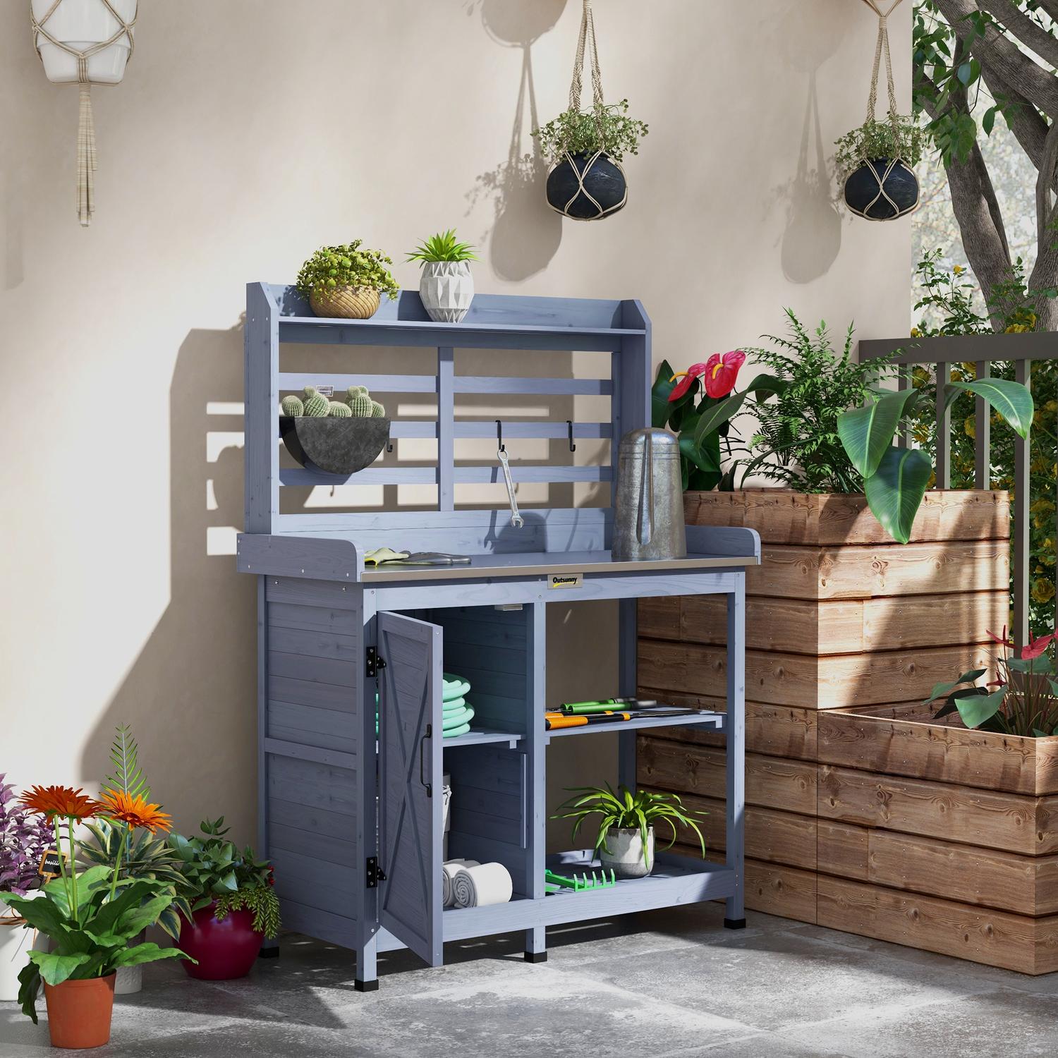 Trädgårdsväxtbord i trä med skåp och hyllor – Grå