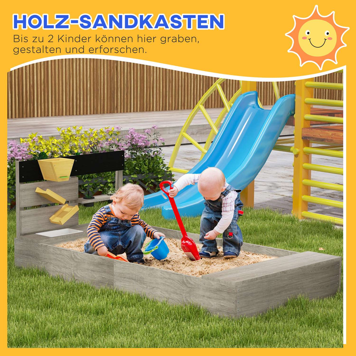 Träsandlåda för barn 3-7 år, bottenlös design, 154x80x60 cm