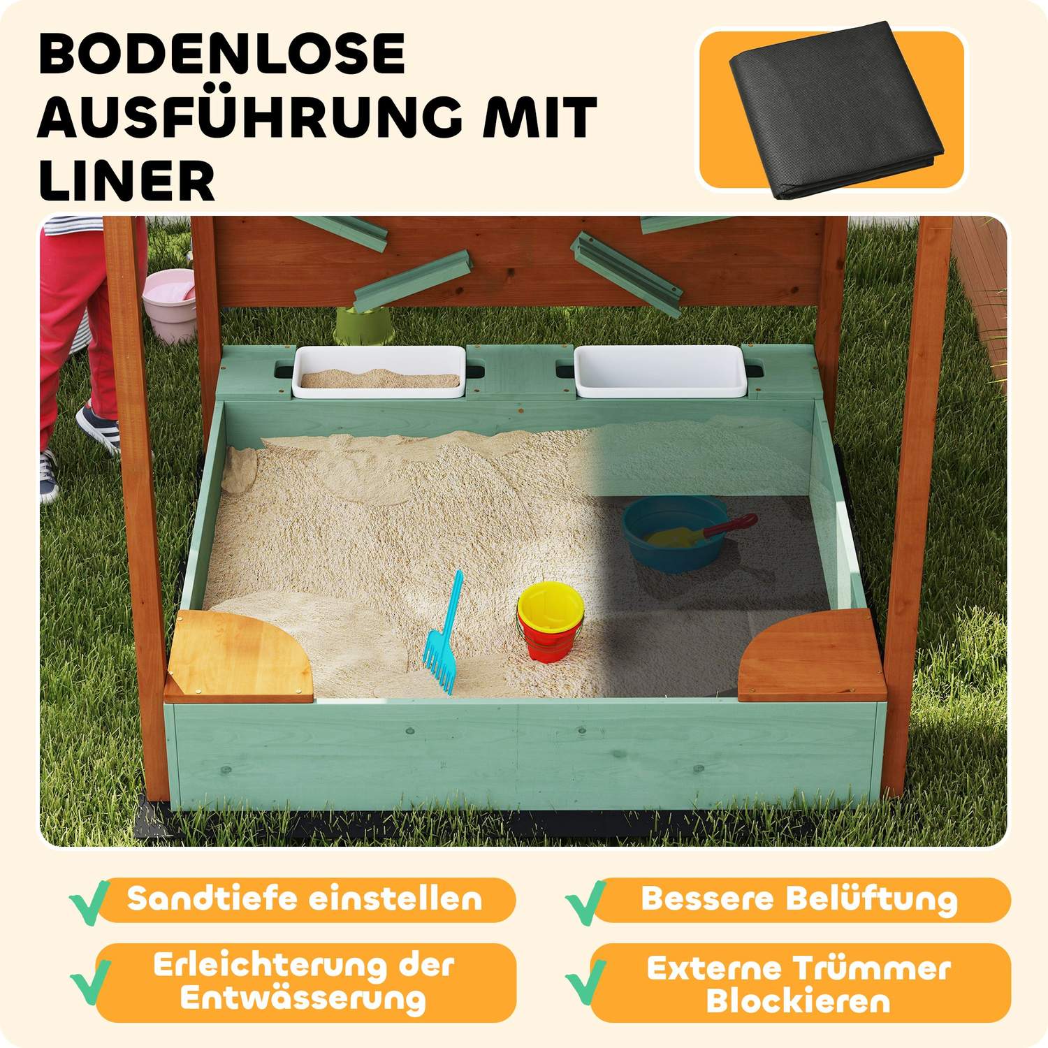 Träsandlåda med sits & leksaker, 116 x 112,5 cm, grön