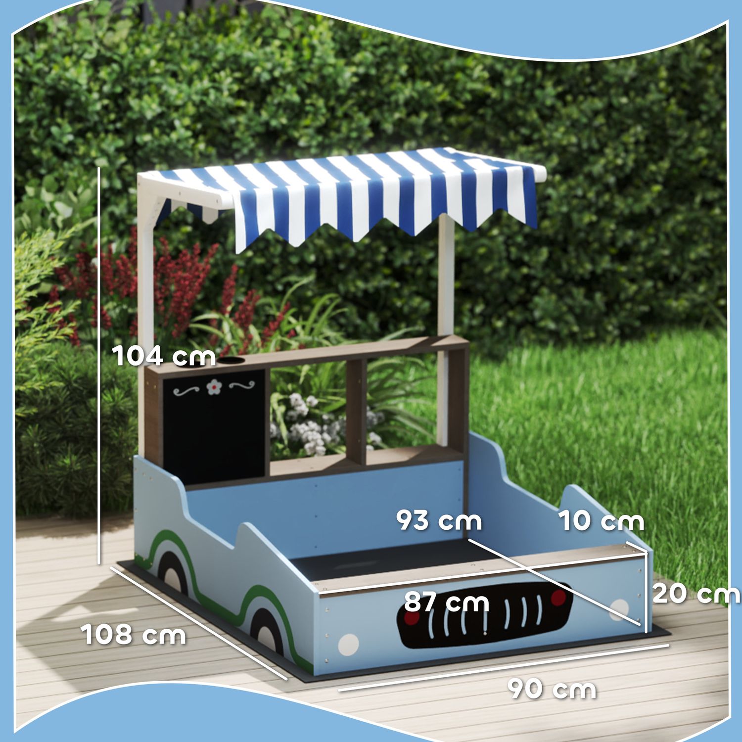 Träsandlåda med tak och bänk för barn, 90x108 cm