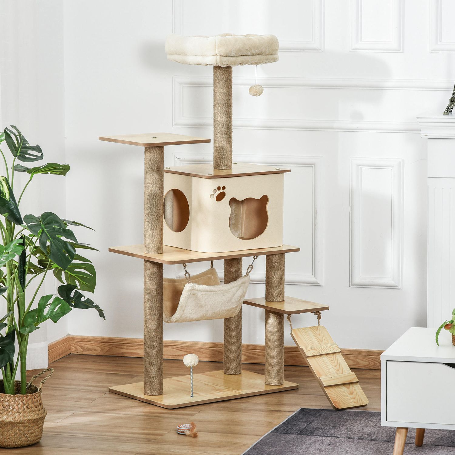Gult kattträd – skrapstolpe med grotta och leksaker, 60x40x130 cm
