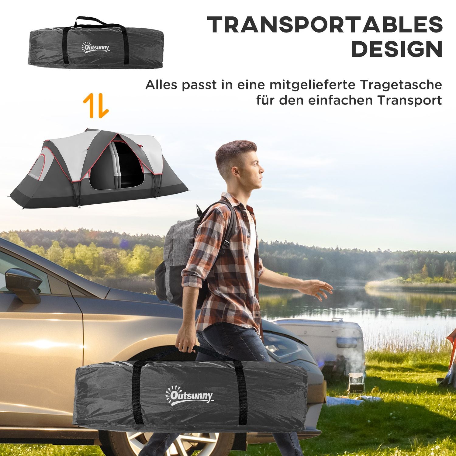 Tunnelcampingtält för 8 personer – vindtätt, 2 rum, grått