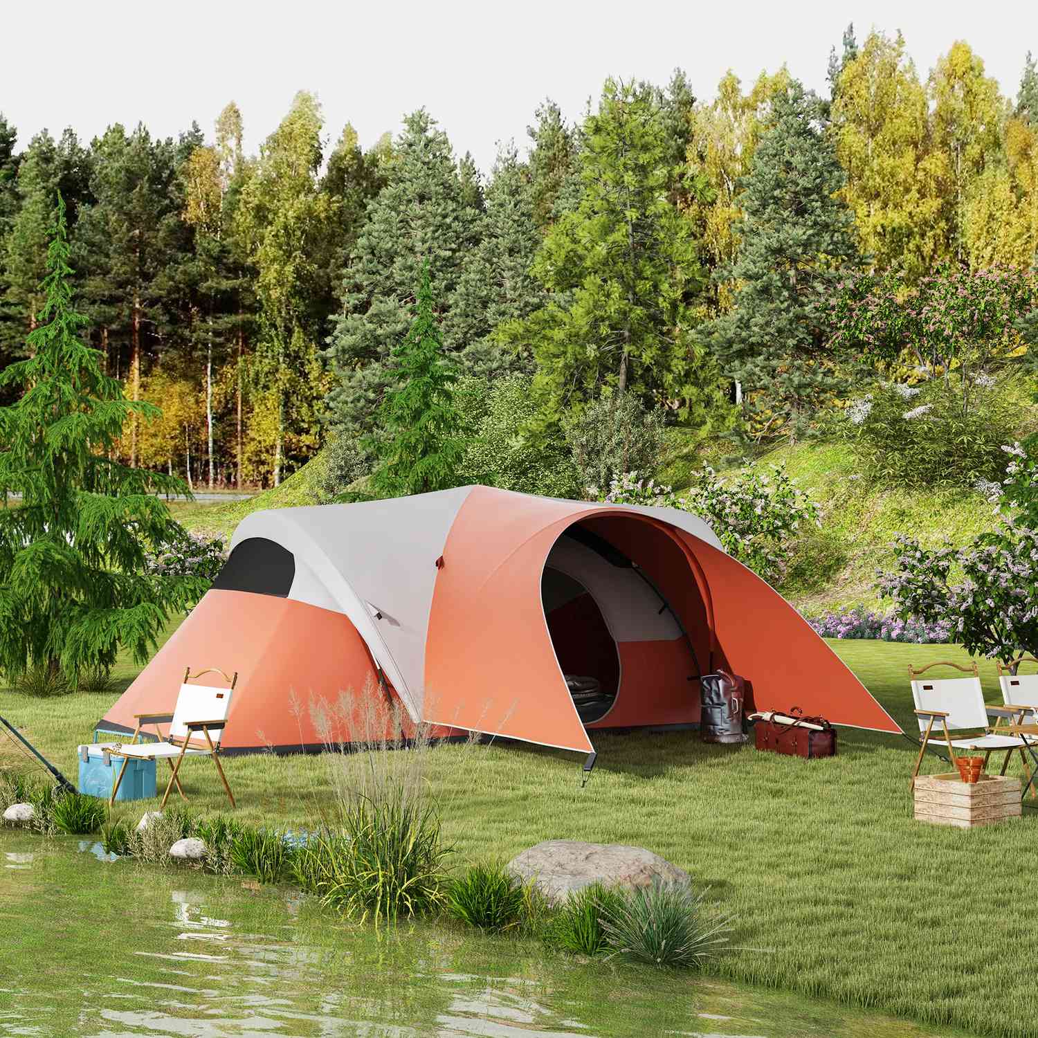 Campingtunneltält, vattenavvisande, passar 6 personer, orange