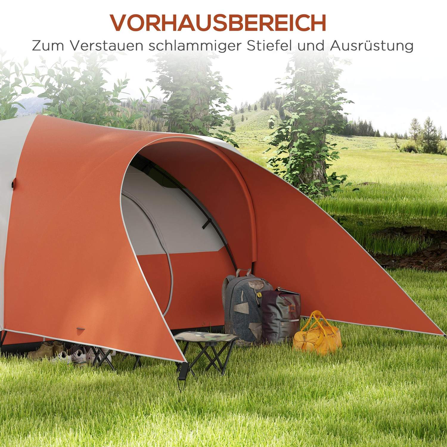 Campingtunneltält, vattenavvisande, passar 6 personer, orange