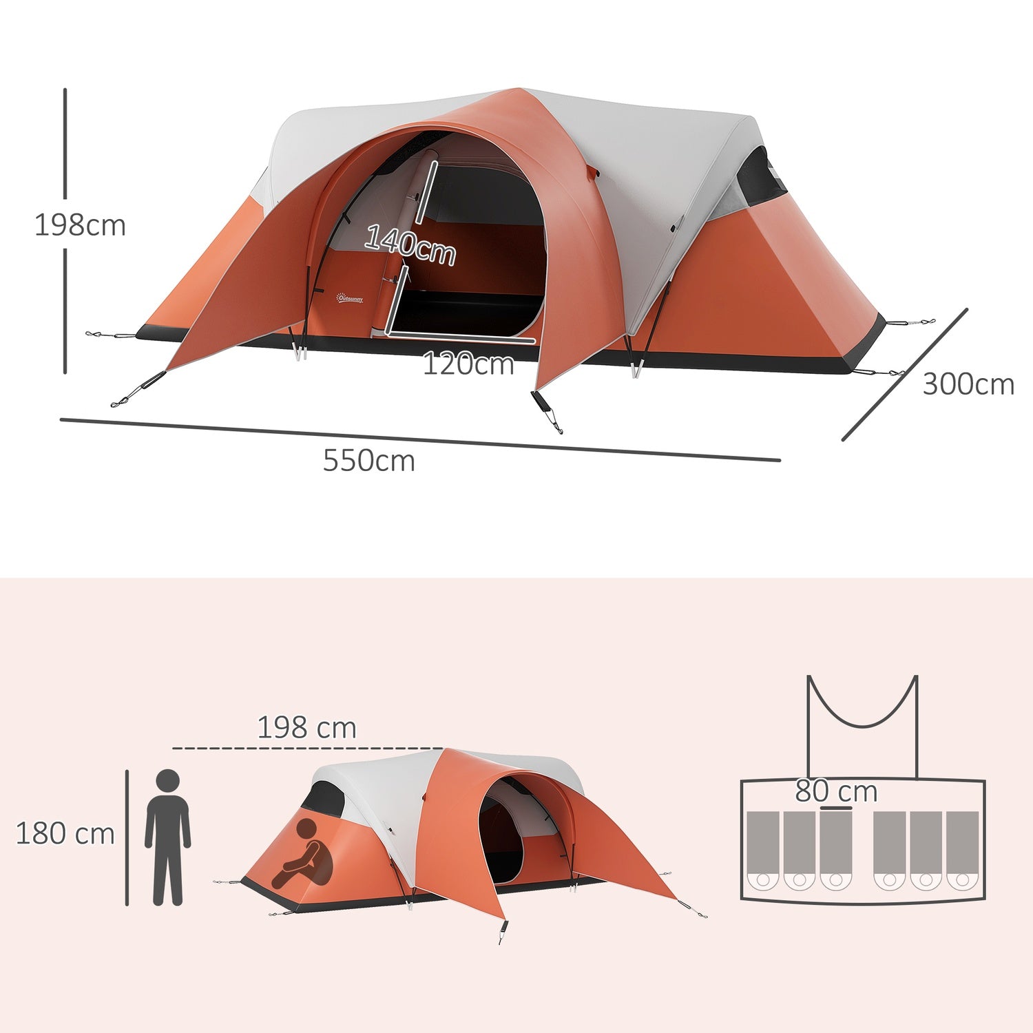 Campingtunneltält, vattenavvisande, passar 6 personer, orange