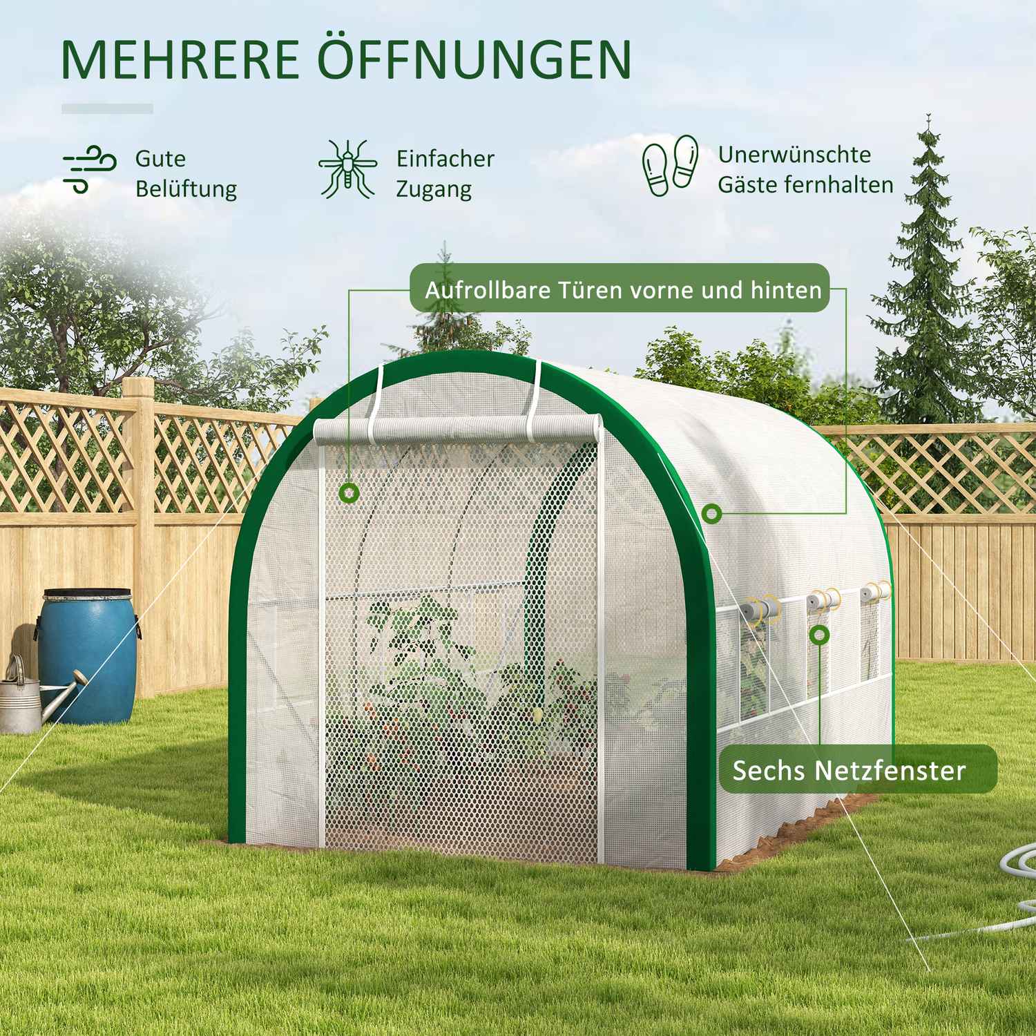 Tunnelväxthus i galvaniserat stål, 3,58 x 2,1 m, med rulldörr