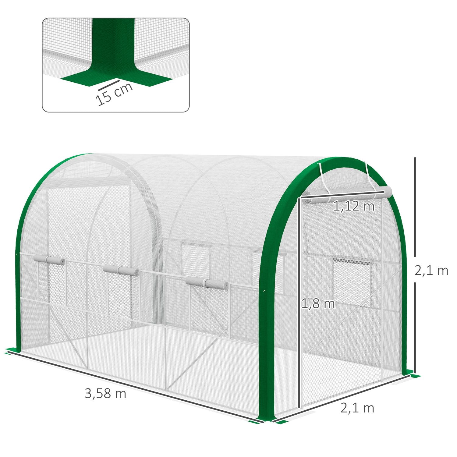 Tunnelväxthus i galvaniserat stål, 3,58 x 2,1 m, med rulldörr