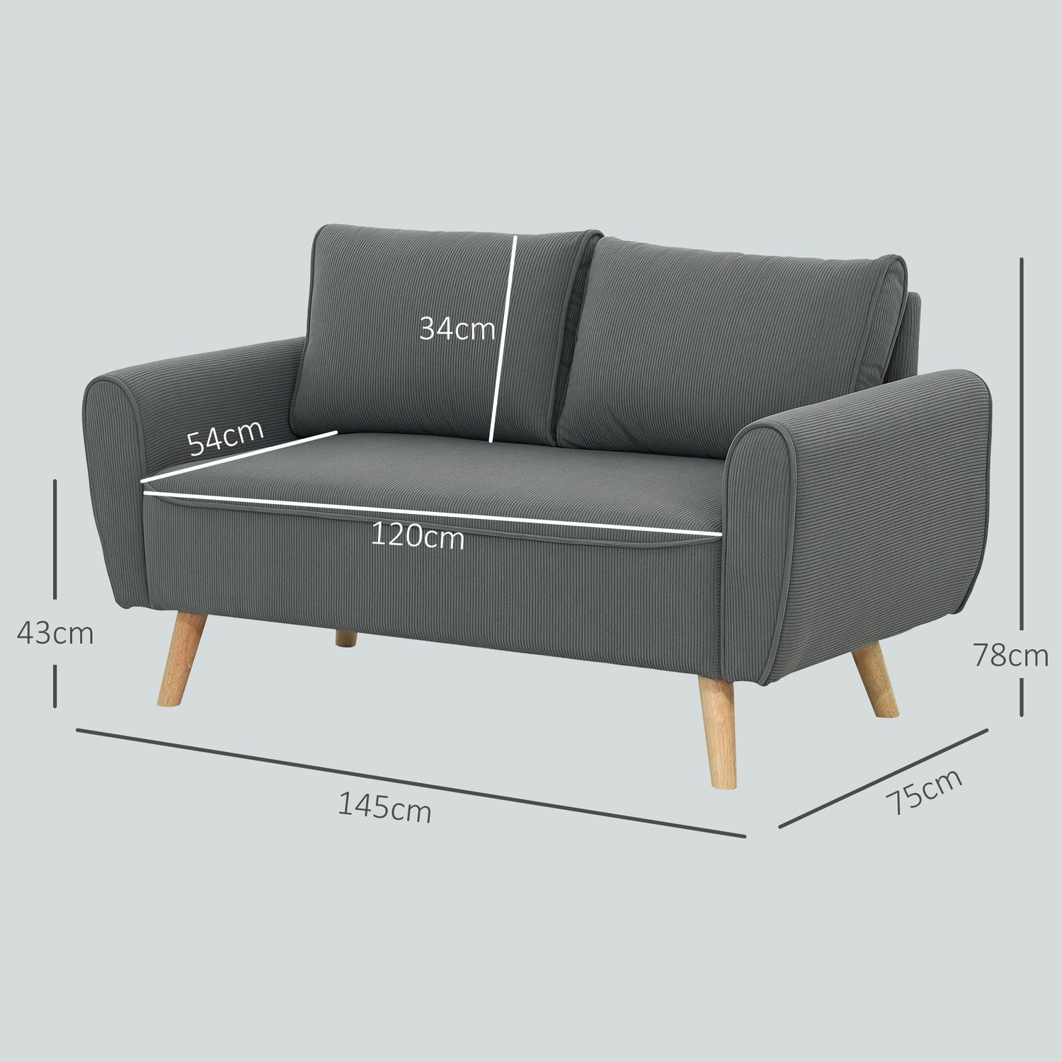 Tvåsits manchestersoffa, extra djup och dämpad, mörkgrå