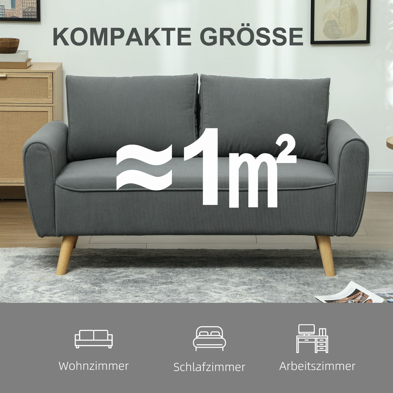 Tvåsits manchestersoffa, extra djup och dämpad, mörkgrå