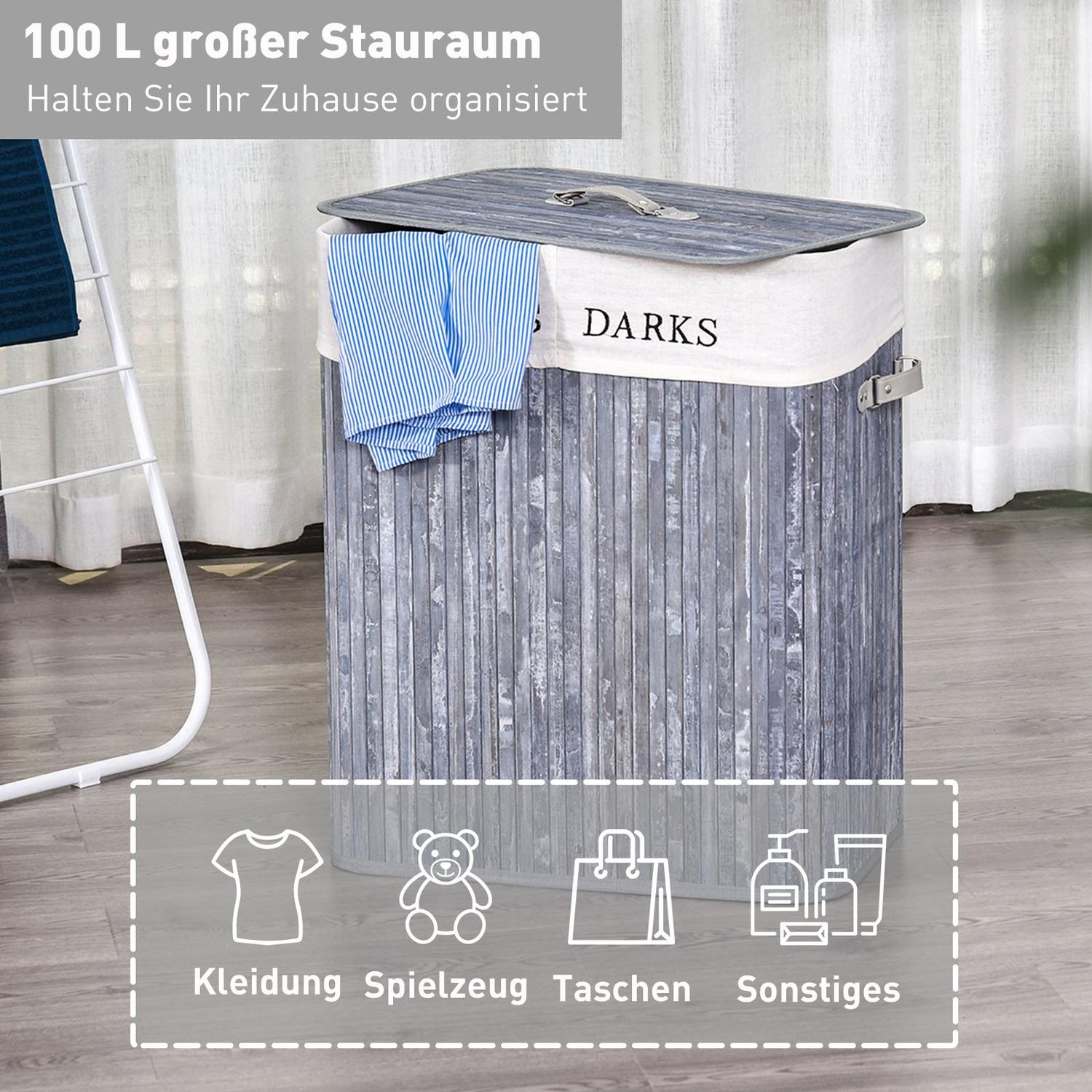 100L grå tvättkorg – Tvättbar canvas och bambu