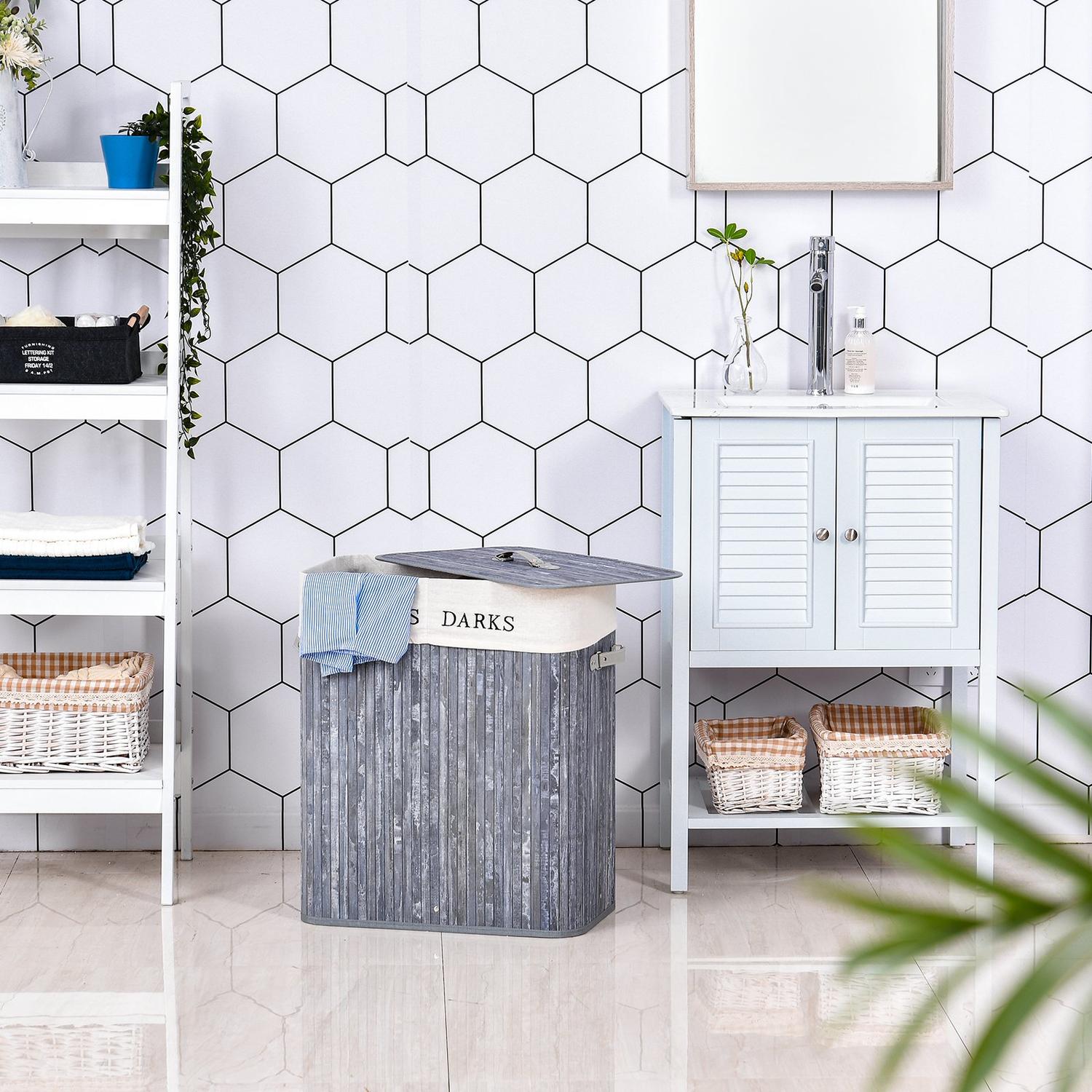 100L grå tvättkorg – Tvättbar canvas och bambu