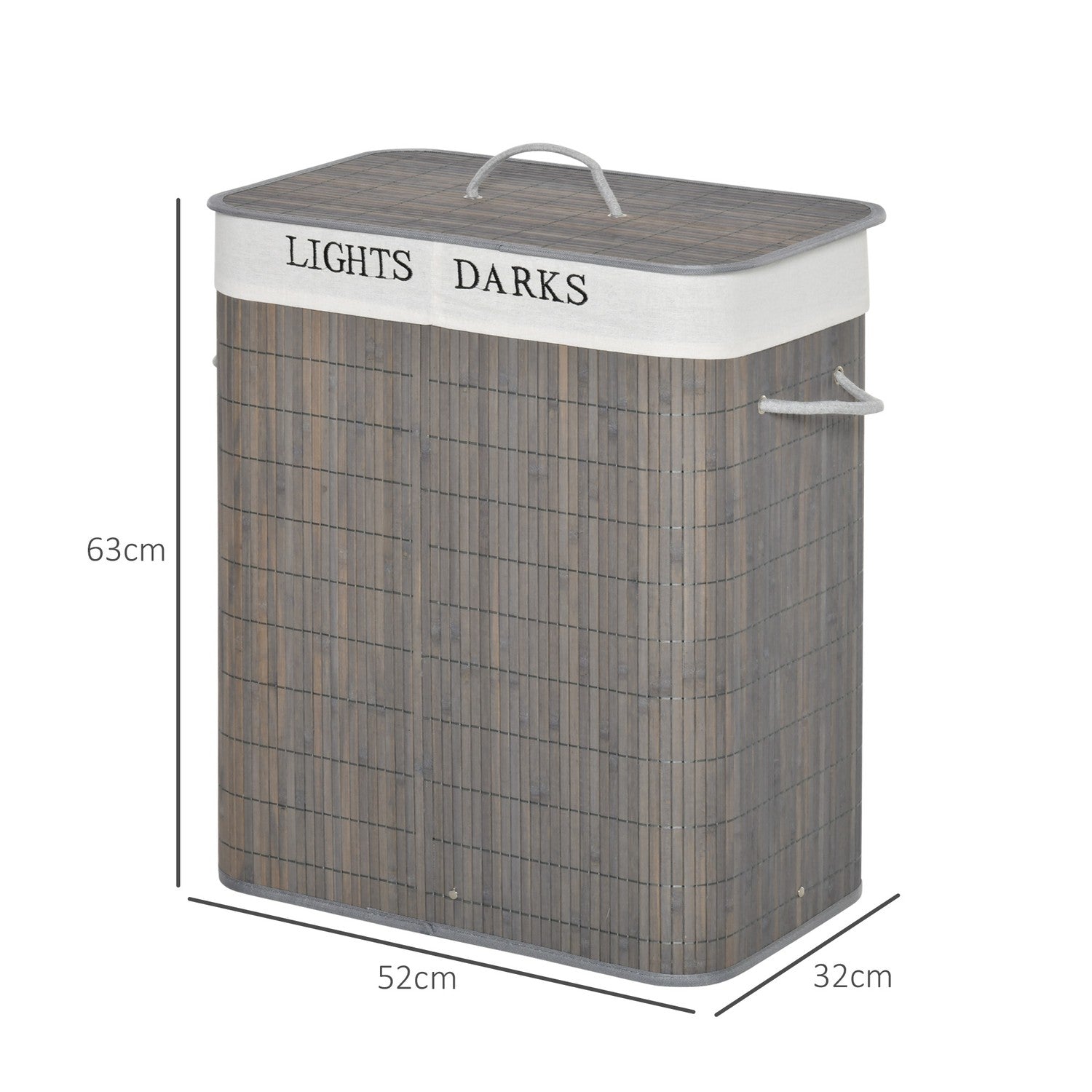 Bambu tvättkorg, 100L, dubbla fack, hopfällbart lock