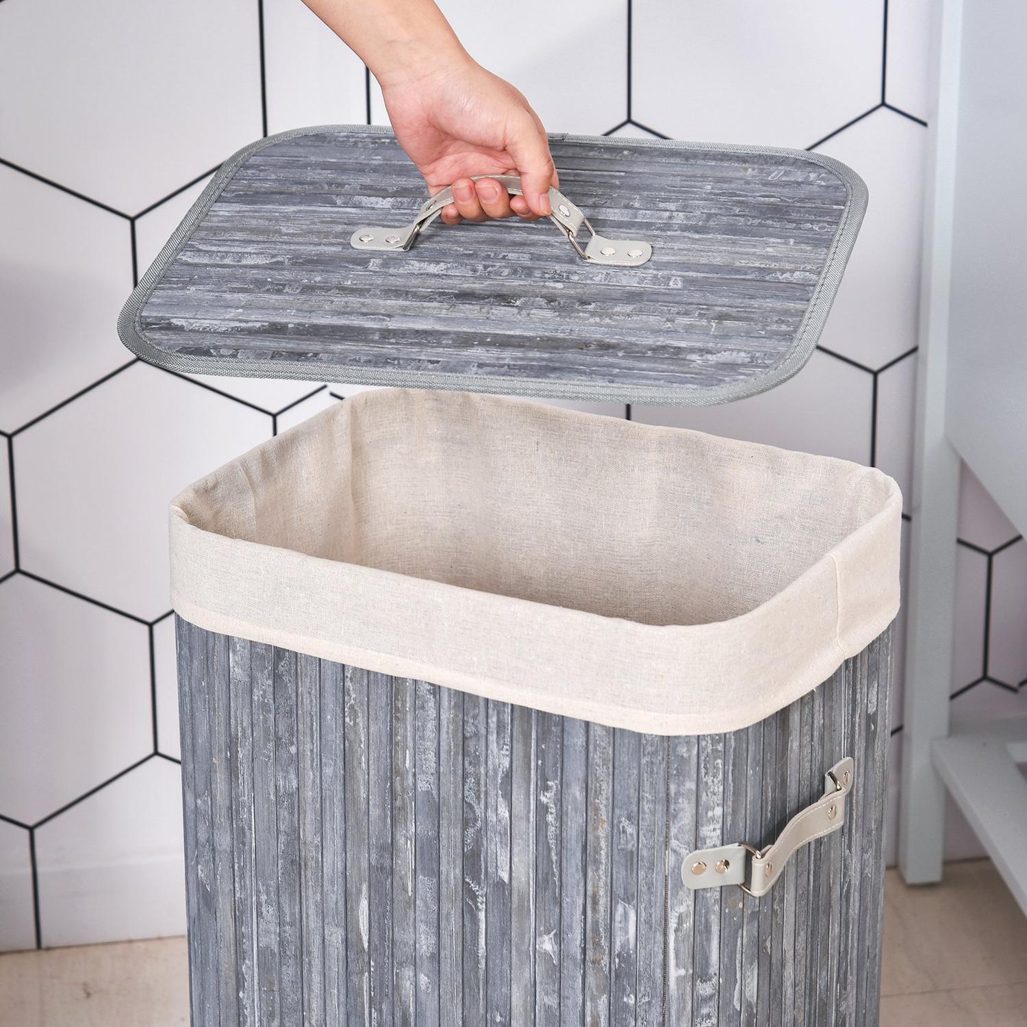 Vikbar 72L bambu tvättkorg med lock – grå