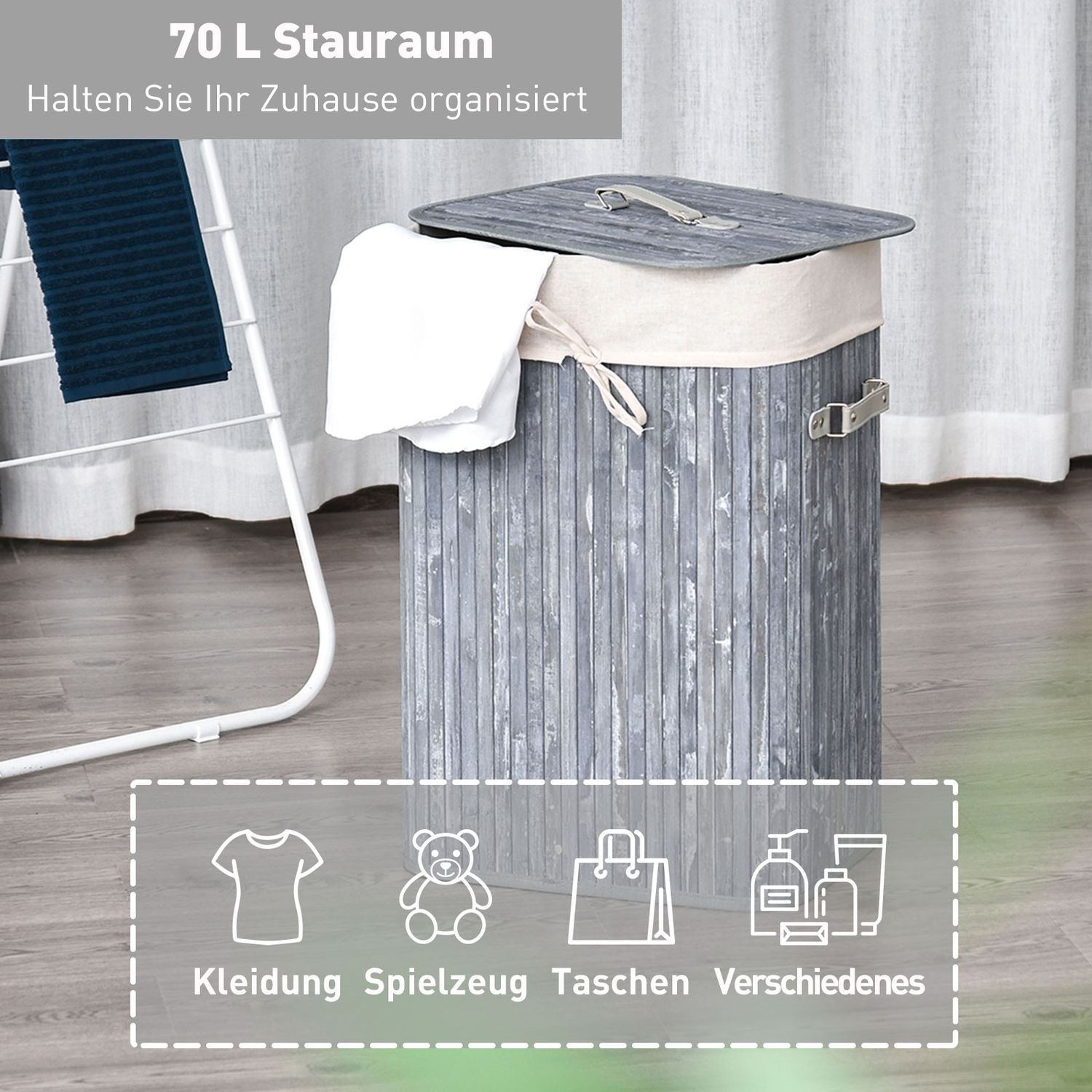 Vikbar 72L bambu tvättkorg med lock – grå