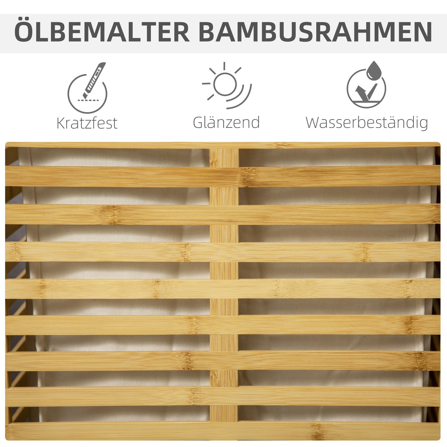 Tvättkorg i bambu med lock och avtagbar påse, 63L kapacitet