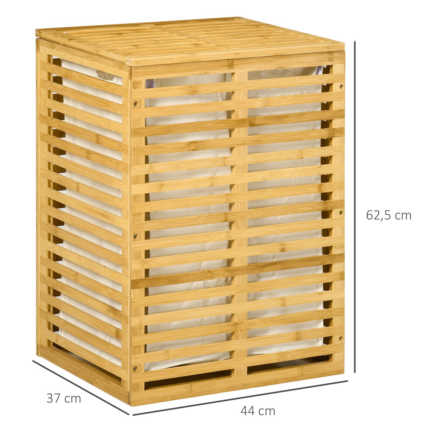 Tvättkorg i bambu med lock och avtagbar påse, 63L kapacitet