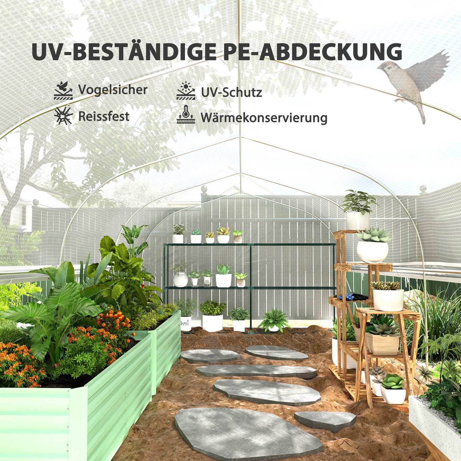 UV-resistent 6x3x2m Växthus, Roll-Up Sidor, Stålram