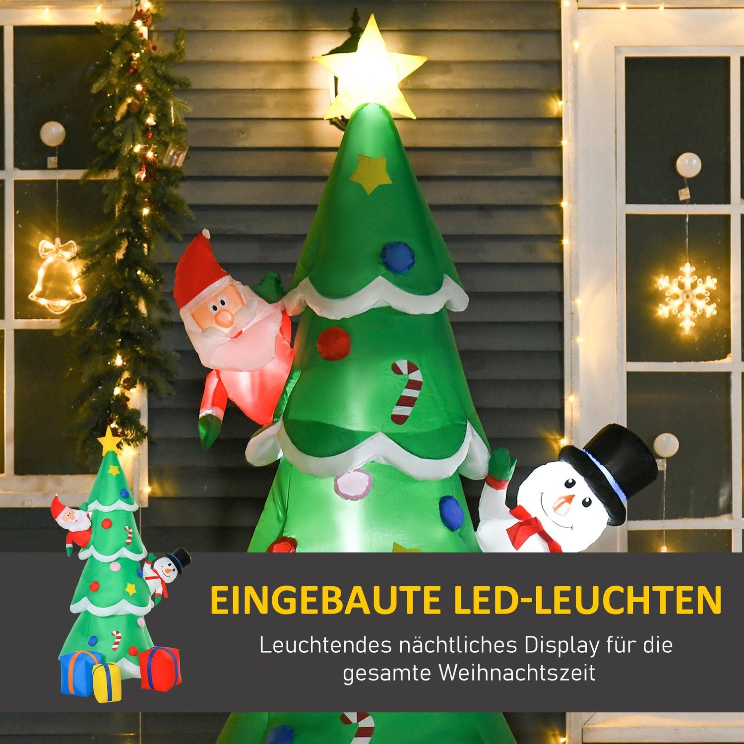 Uppblåsbar 210cm julgran med LED-tomte och snögubbe