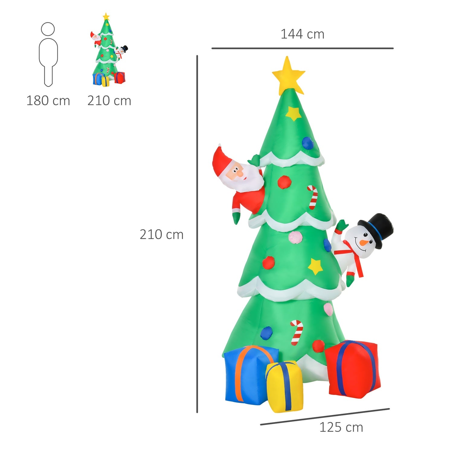 Uppblåsbar 210cm julgran med LED-tomte och snögubbe