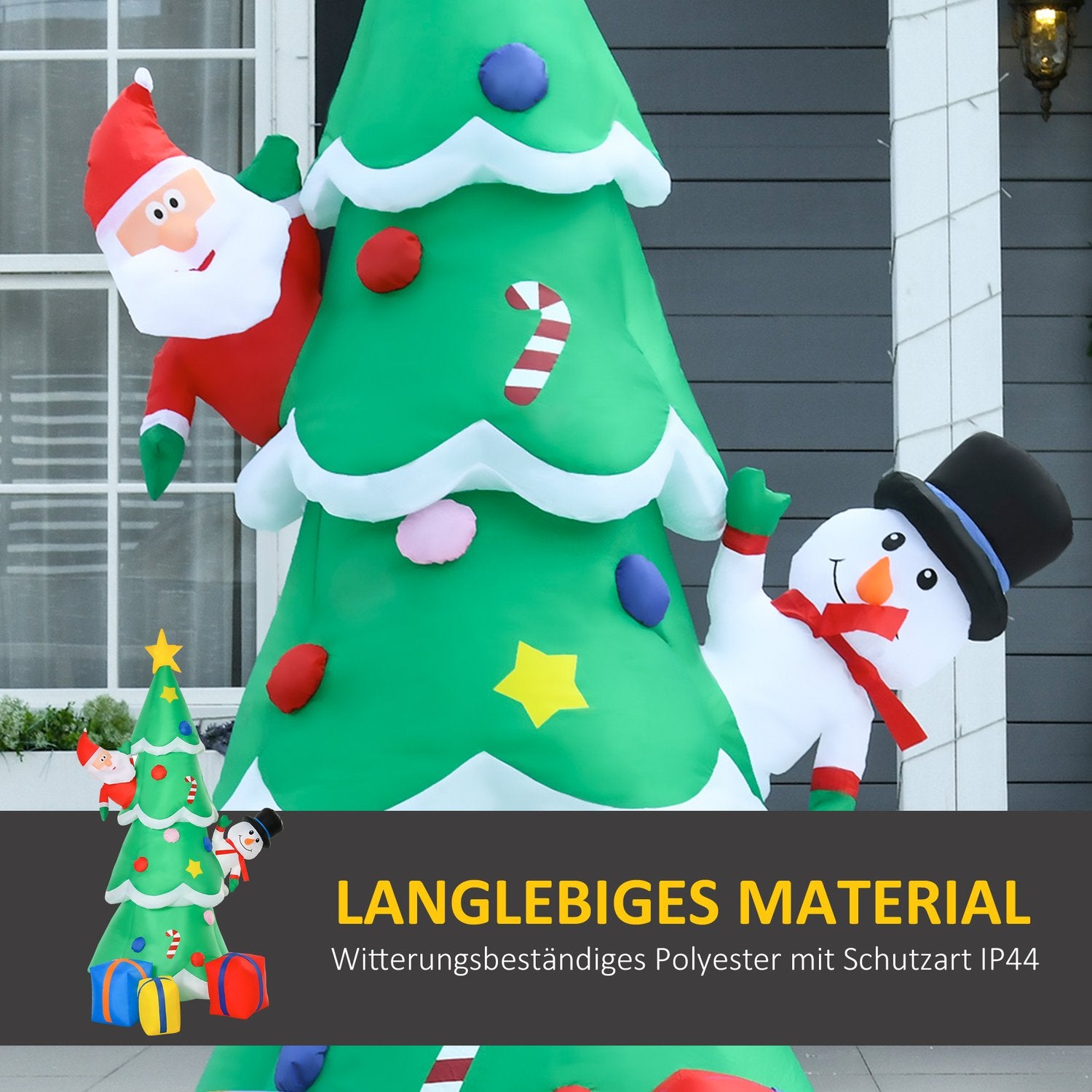Uppblåsbar 210cm julgran med LED-tomte och snögubbe