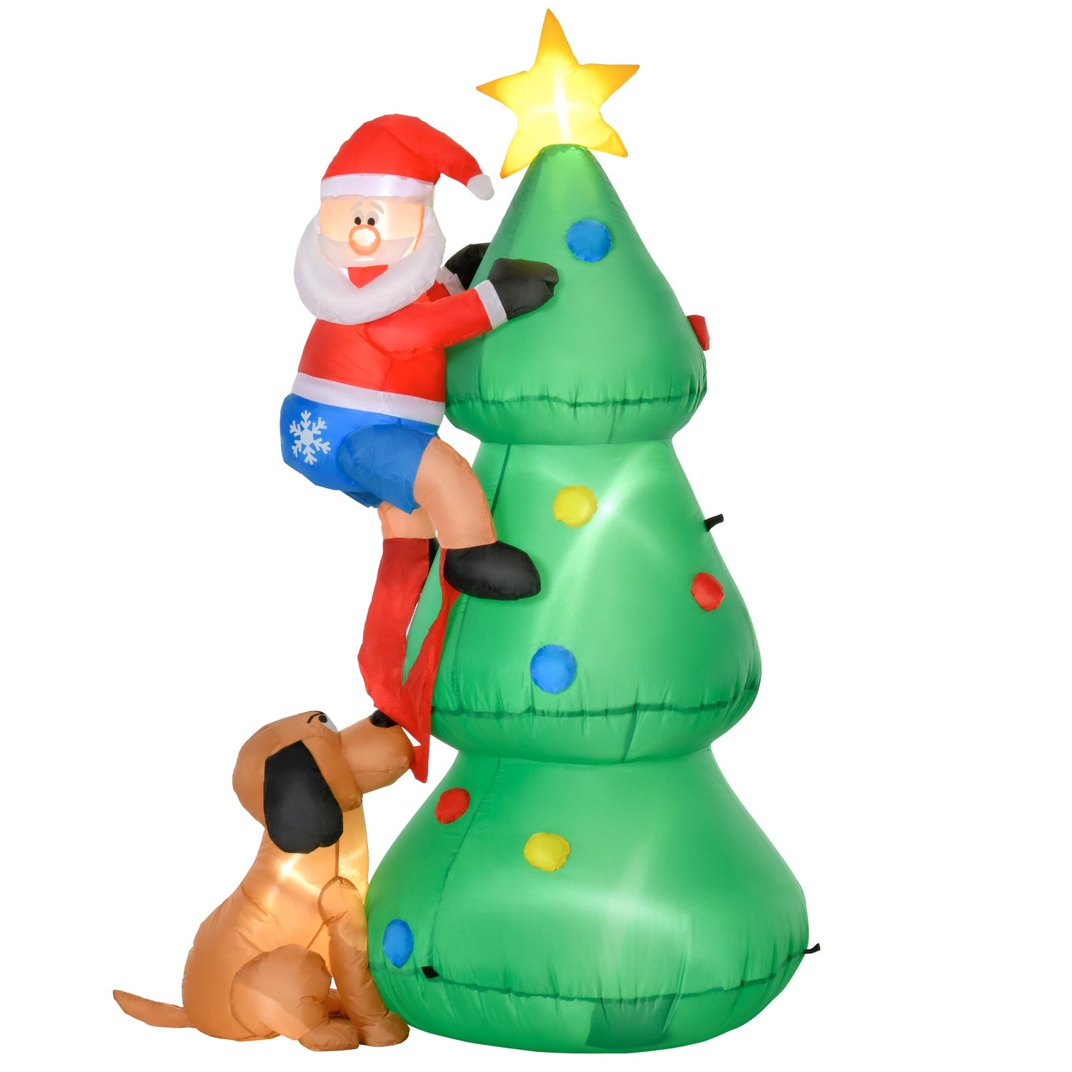 Uppblåsbar 180cm julgran med tomte & hund, LED-lampor