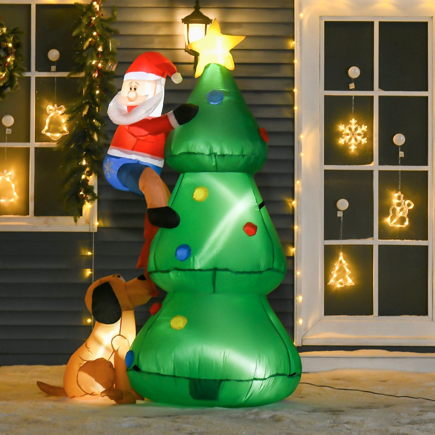 Uppblåsbar 180cm julgran med tomte & hund, LED-lampor