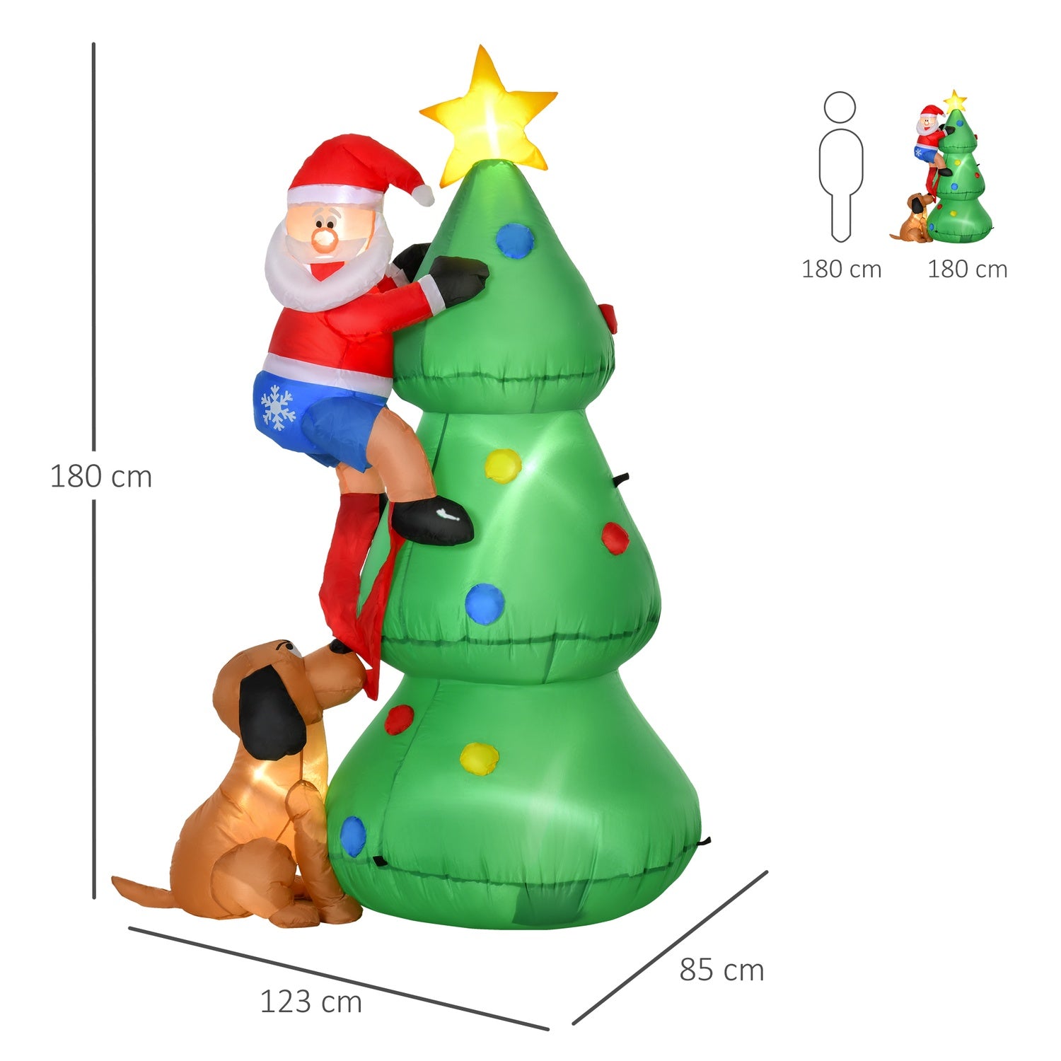Uppblåsbar 180cm julgran med tomte & hund, LED-lampor