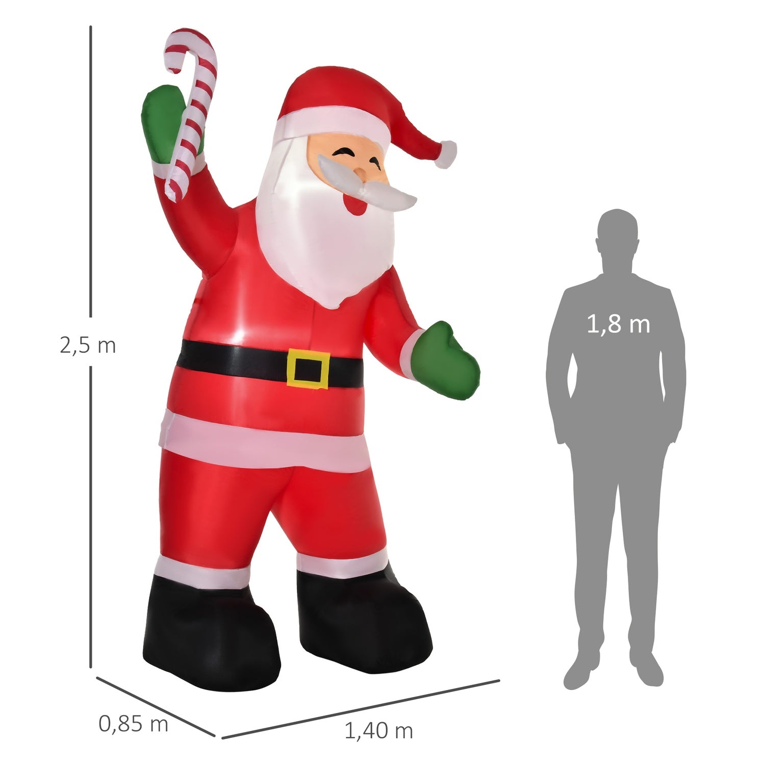 Uppblåsbar Jultomte Med Candy Cane LED, 250cm