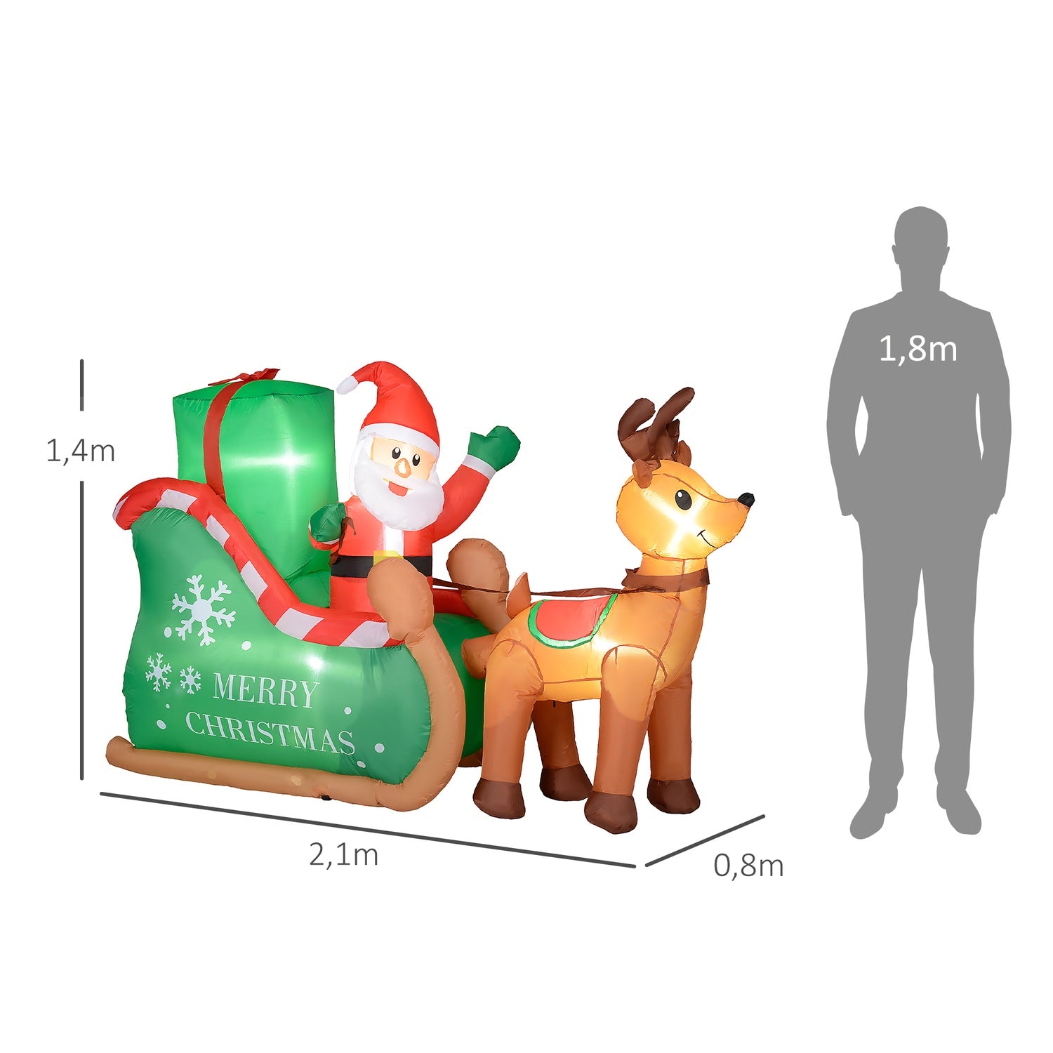 Uppblåsbar 2,1 m tomte med släde och renar – LED Tänd