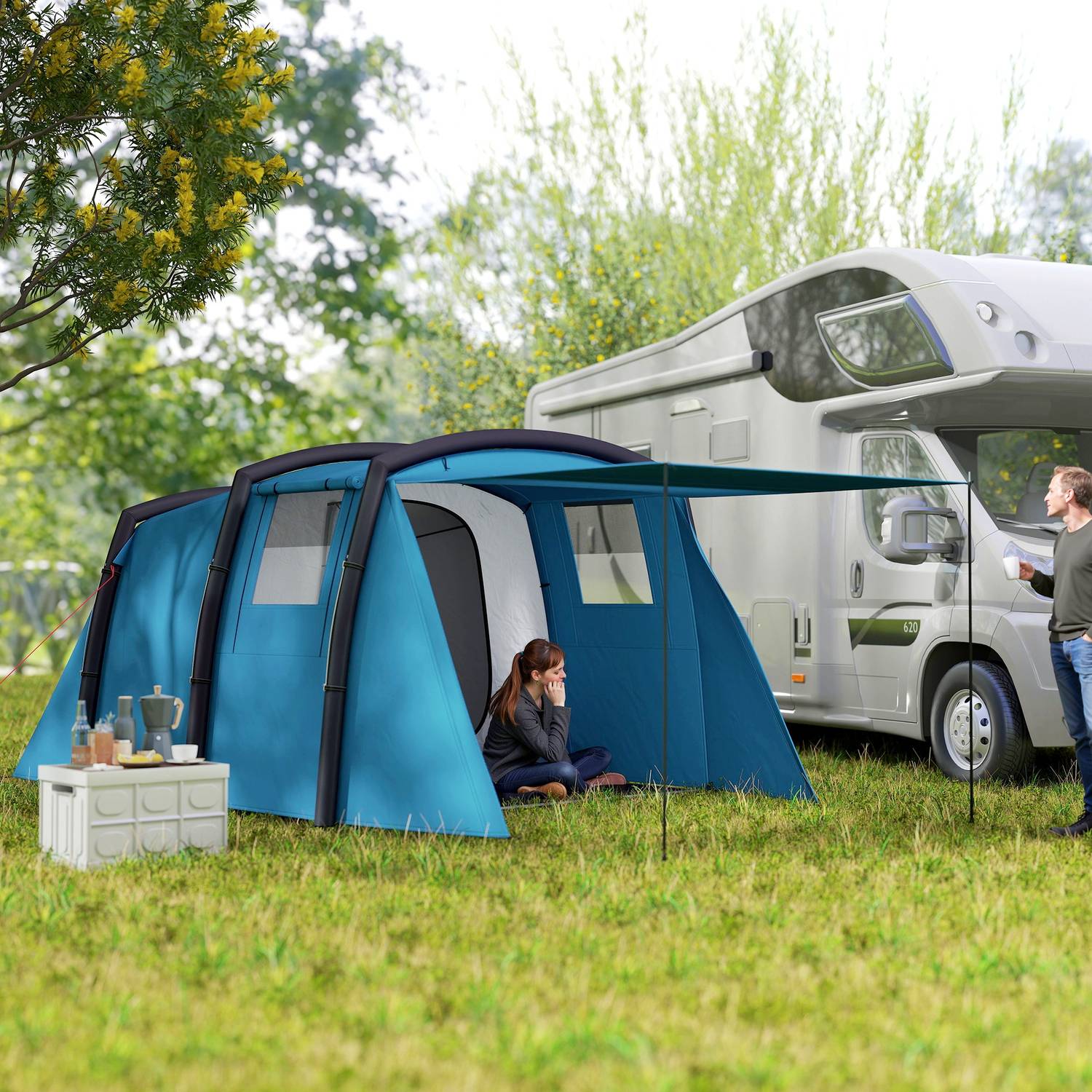Uppblåsbart 3-6 personers campingtält, UV50+ vindtätt, 3-säsong