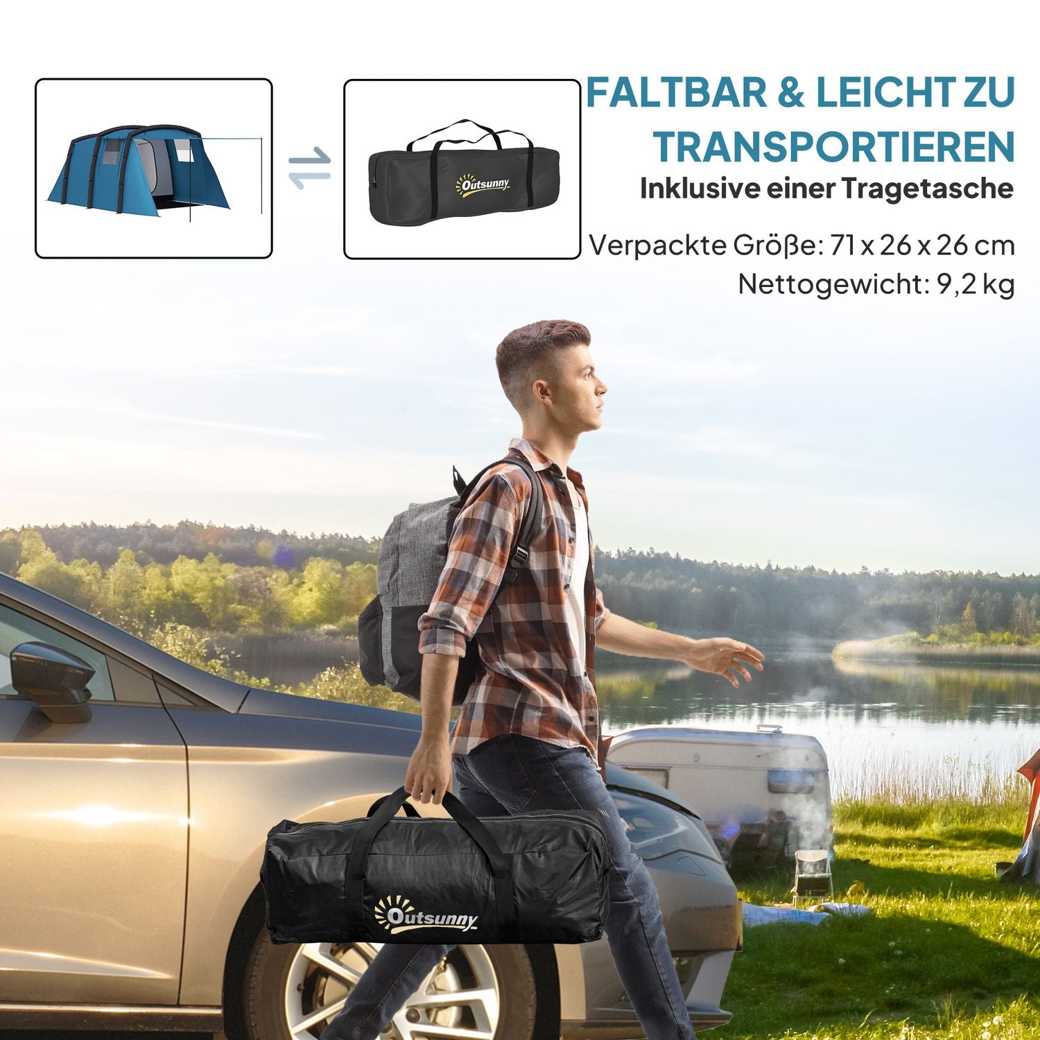 Uppblåsbart 3-6 personers campingtält, UV50+ vindtätt, 3-säsong