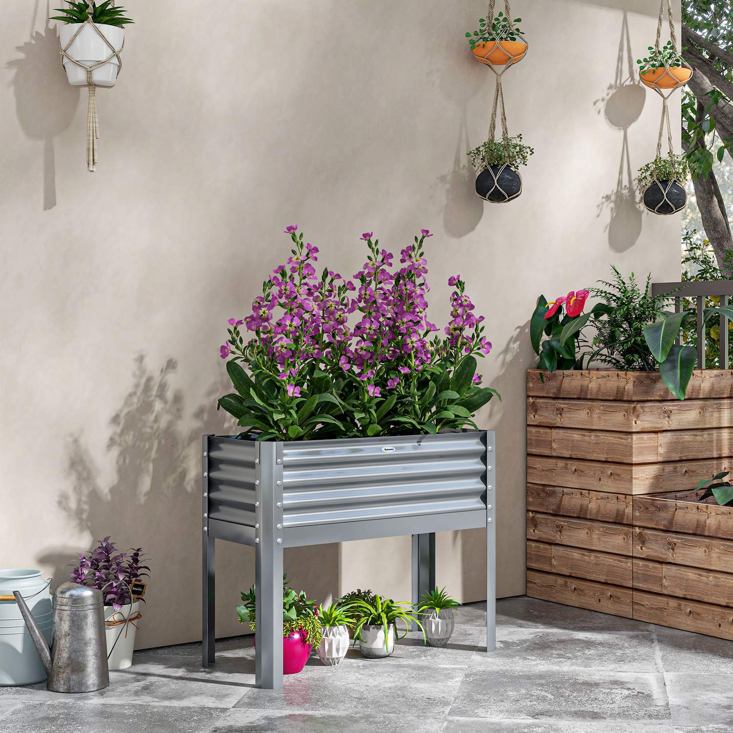 Grå upphöjd planteringslåda i stål – Örtbädd med kall ram 100x45x80 cm