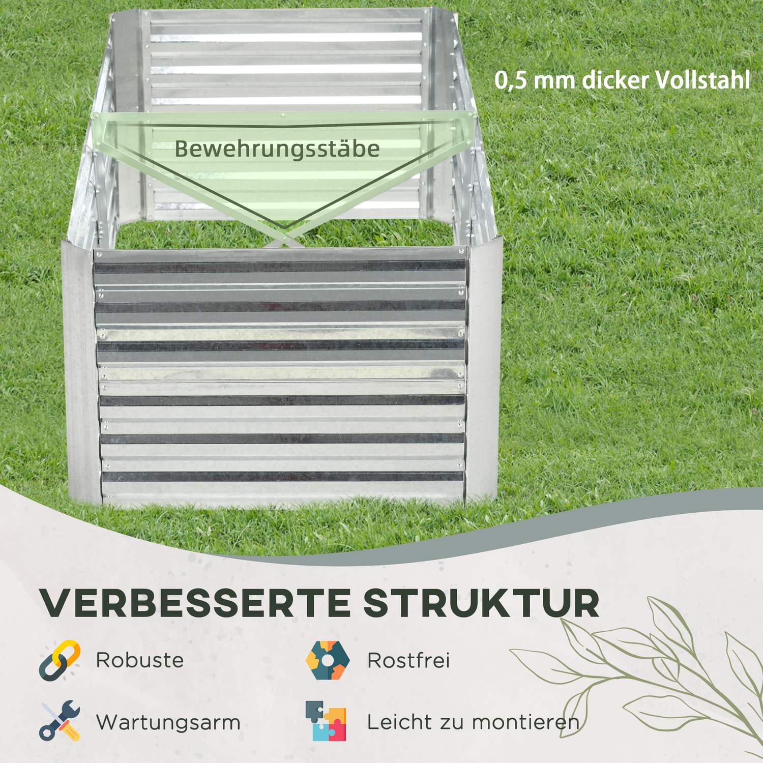 Trädgårdssäng i stål – 180x90x60 cm, perfekt för grönsaker