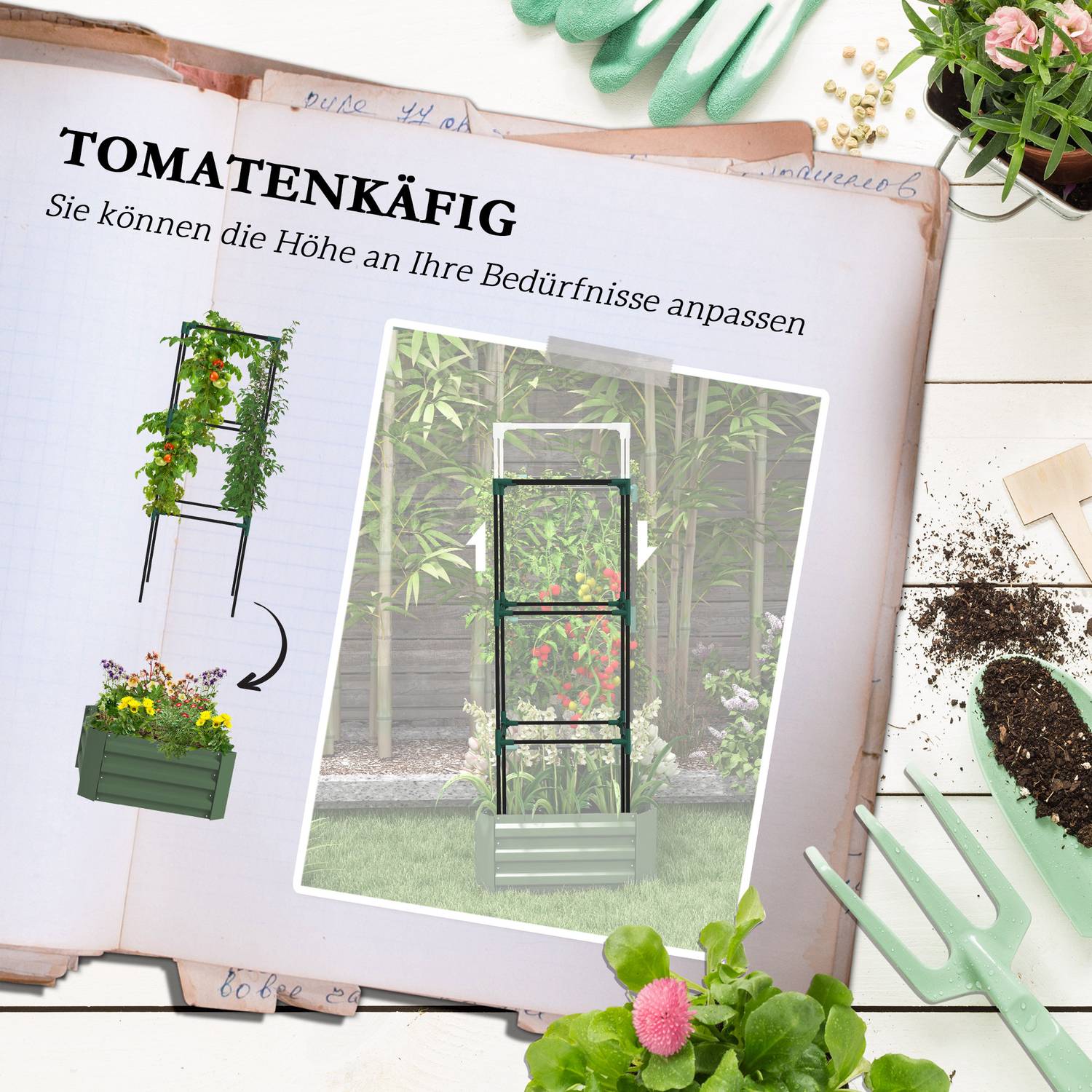 Upphöjd bädd i galvaniserat stål med spaljé – Grön trädgårdskruka
