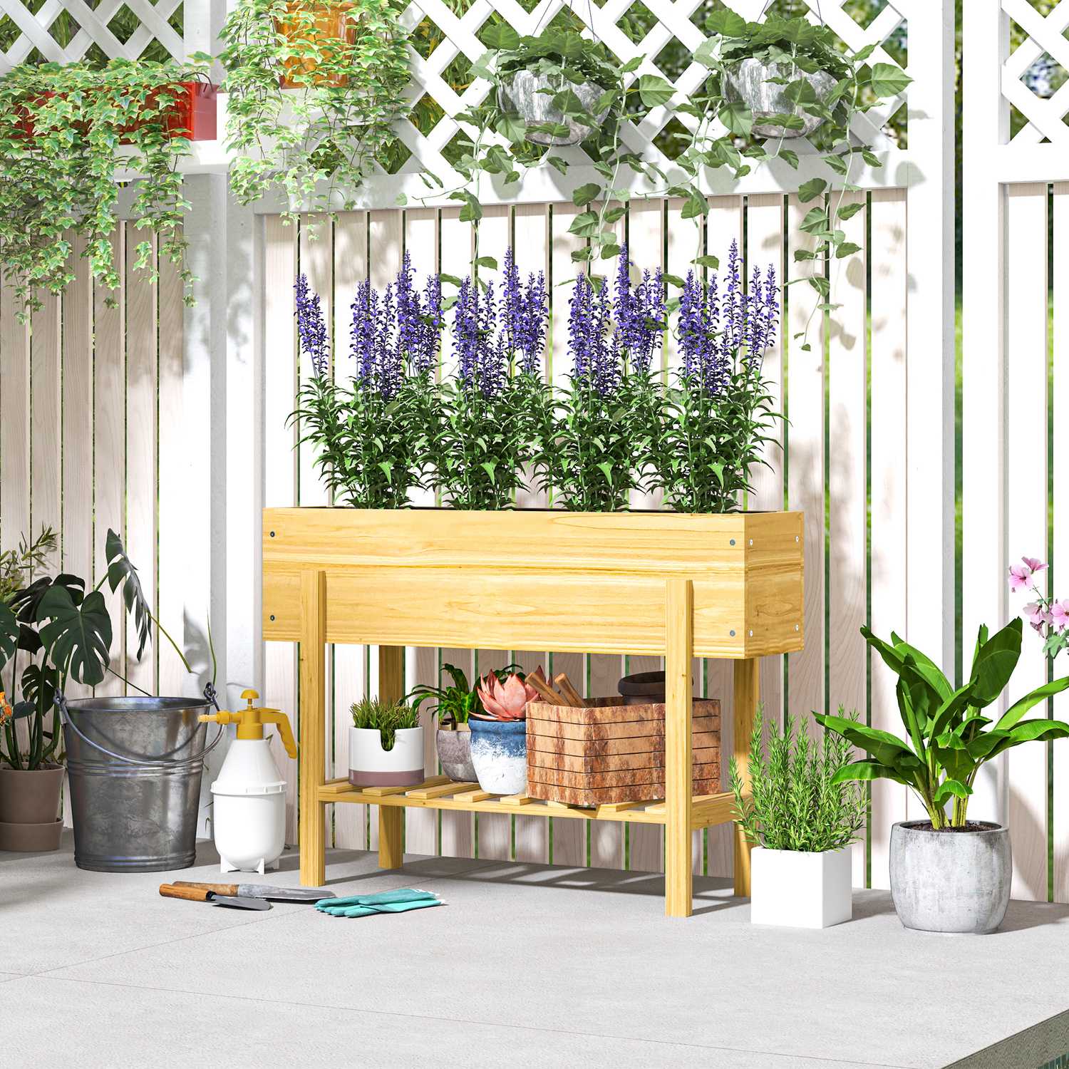 Upphöjd planteringslåda i trä med hylla och dränering, 100x30x70,5 cm