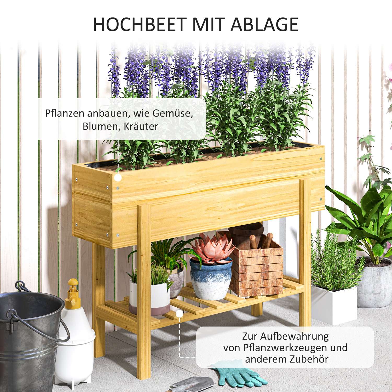 Upphöjd planteringslåda i trä med hylla och dränering, 100x30x70,5 cm
