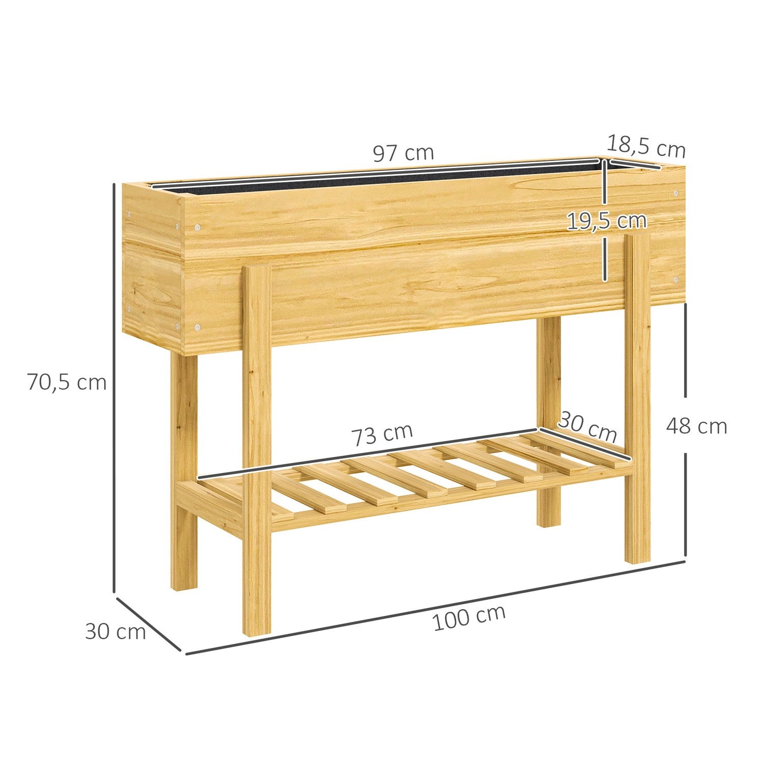 Upphöjd planteringslåda i trä med hylla och dränering, 100x30x70,5 cm