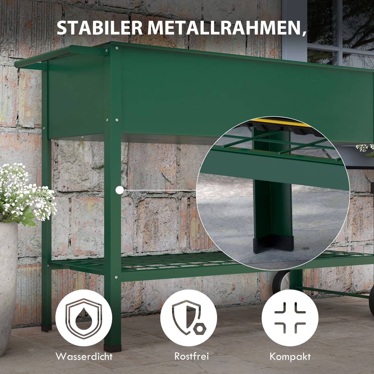 Upphöjd trädgårdssäng i metall med hjul och hylla, 109x44x80 cm