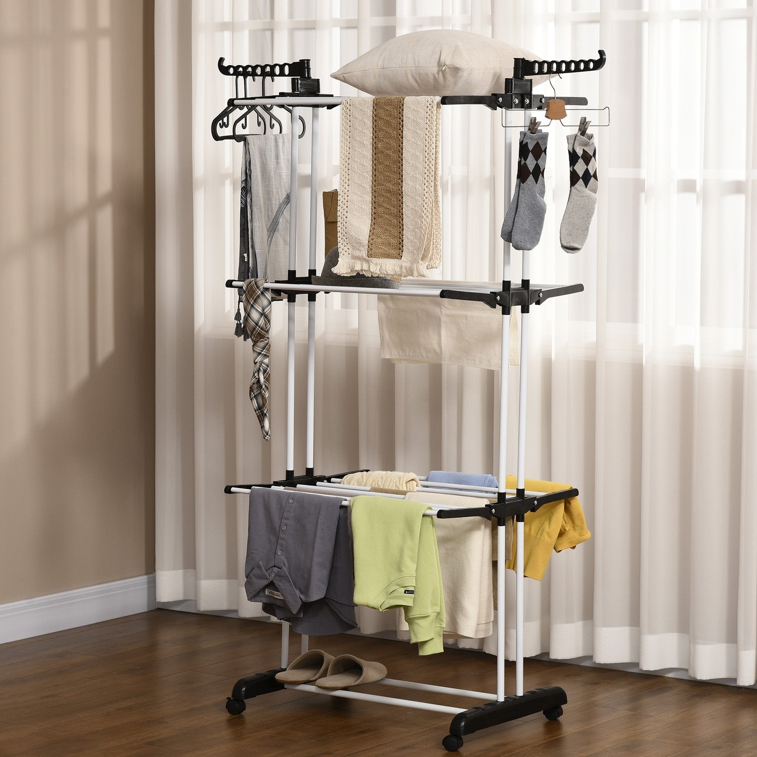 Utdragbar Black Tower Clothes Airer med hjul 4 nivåer