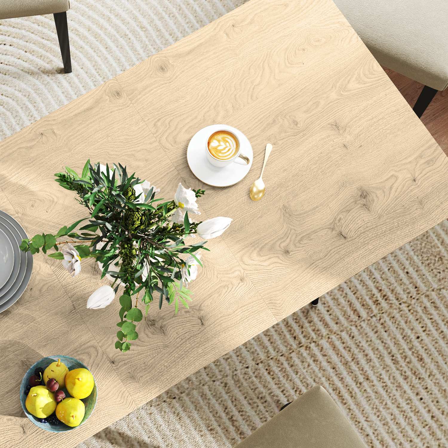 Utdragbart matbord, säten 6-8, stålben, naturlig finish