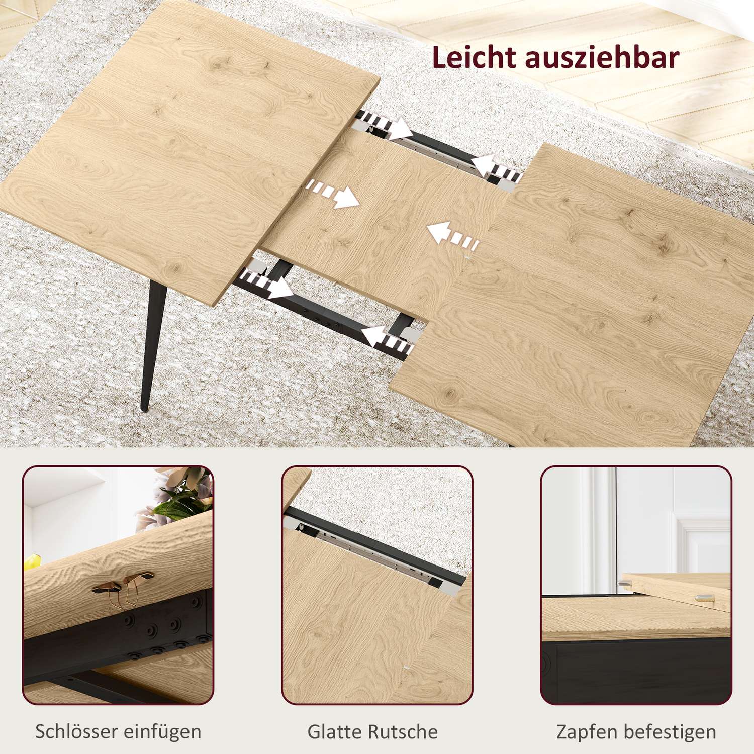 Utdragbart matbord, säten 6-8, stålben, naturlig finish