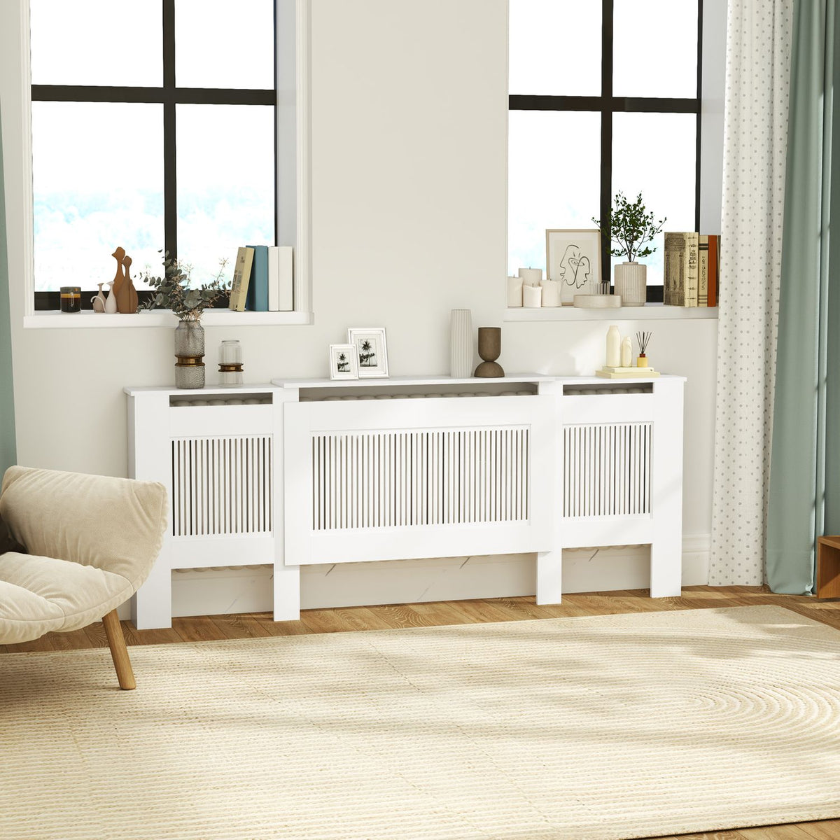Utdragbart vitt kylarskydd med hylla, spaltdesign