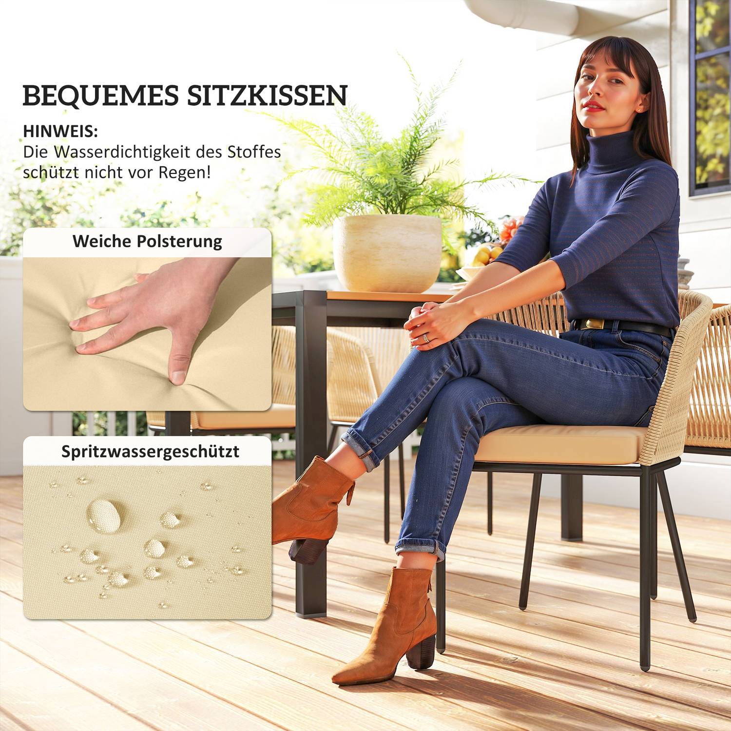 Uteplatsset i polyrattan för 4 med bord och kuddar