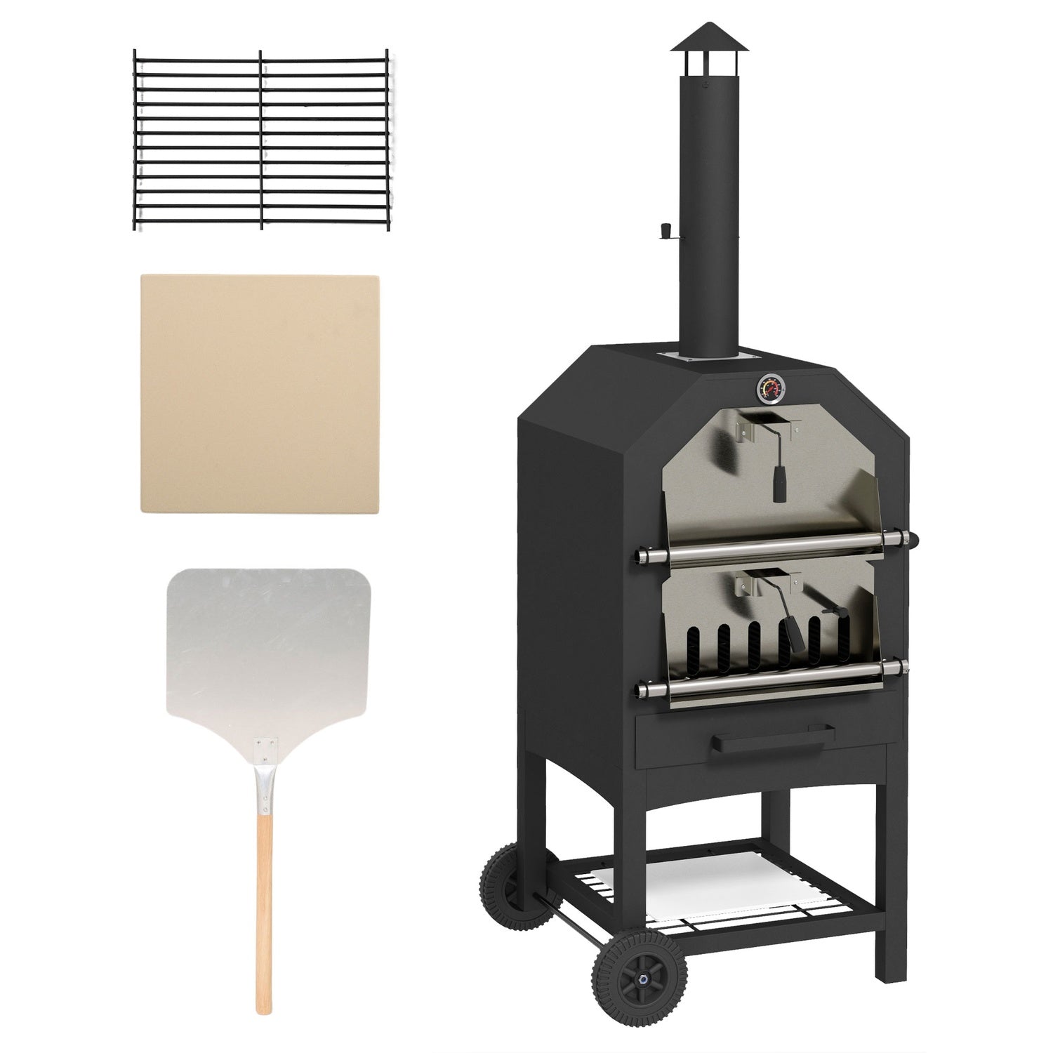 Utomhus 2-i-1 pizzaugn & grill med sten och hjul
