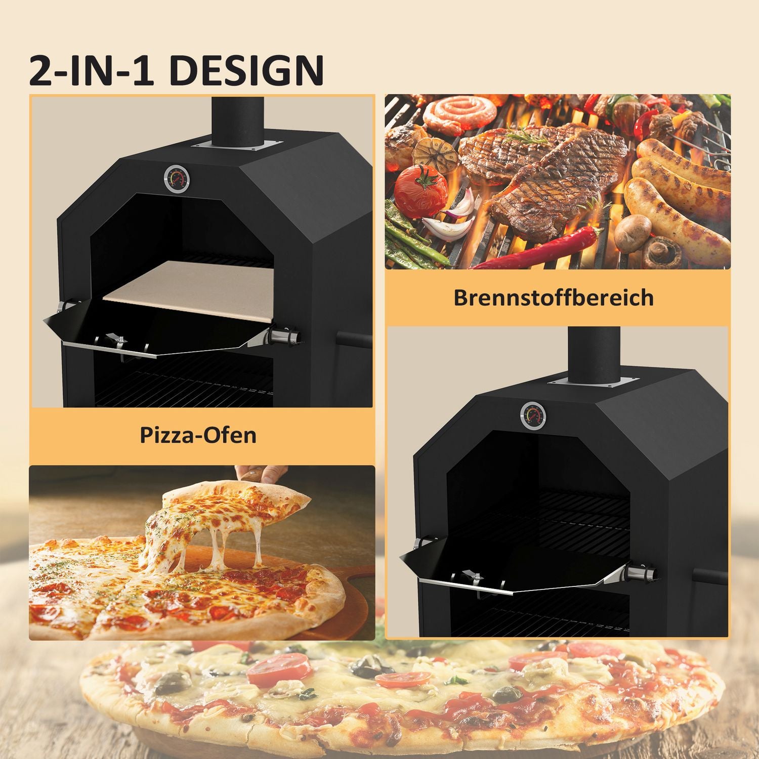 Utomhus 2-i-1 pizzaugn & grill med sten och hjul