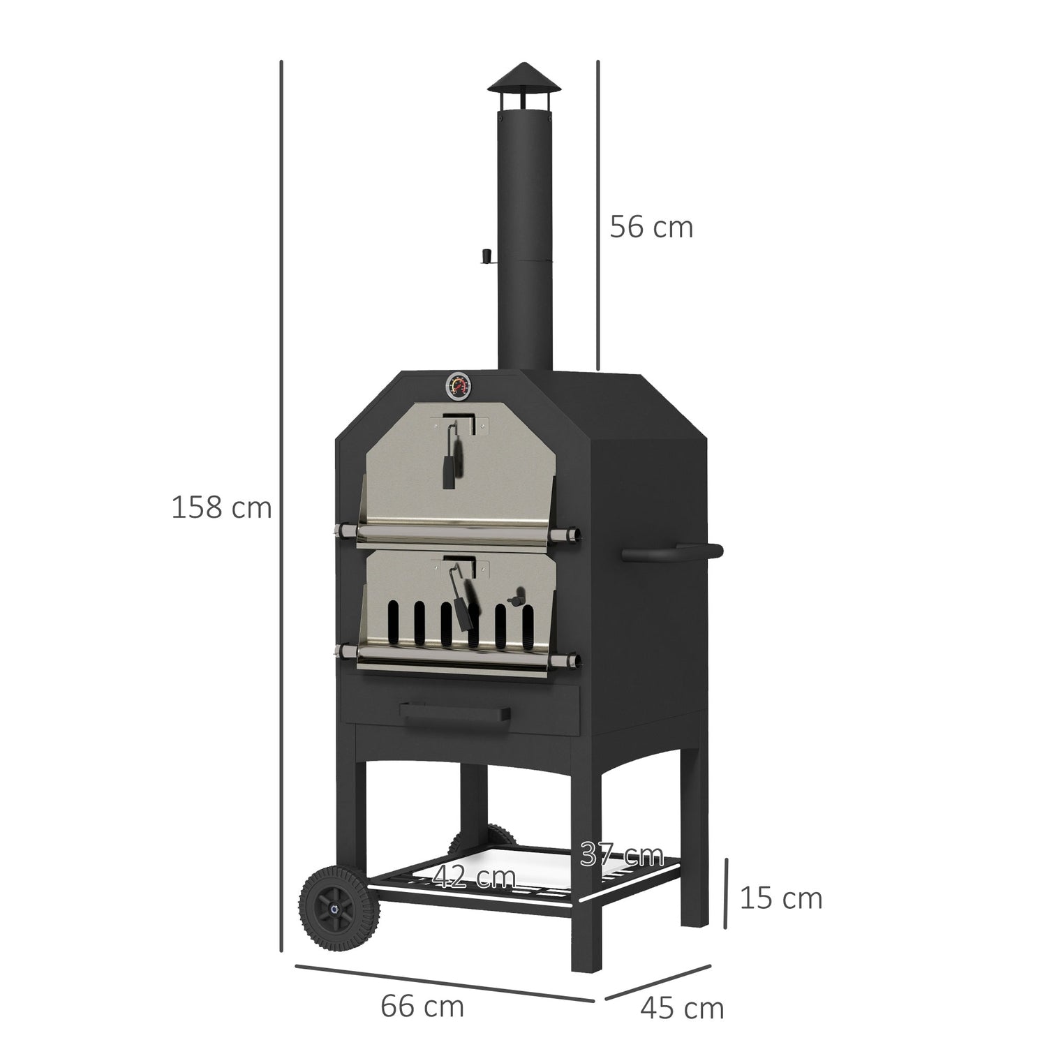 Utomhus 2-i-1 pizzaugn & grill med sten och hjul