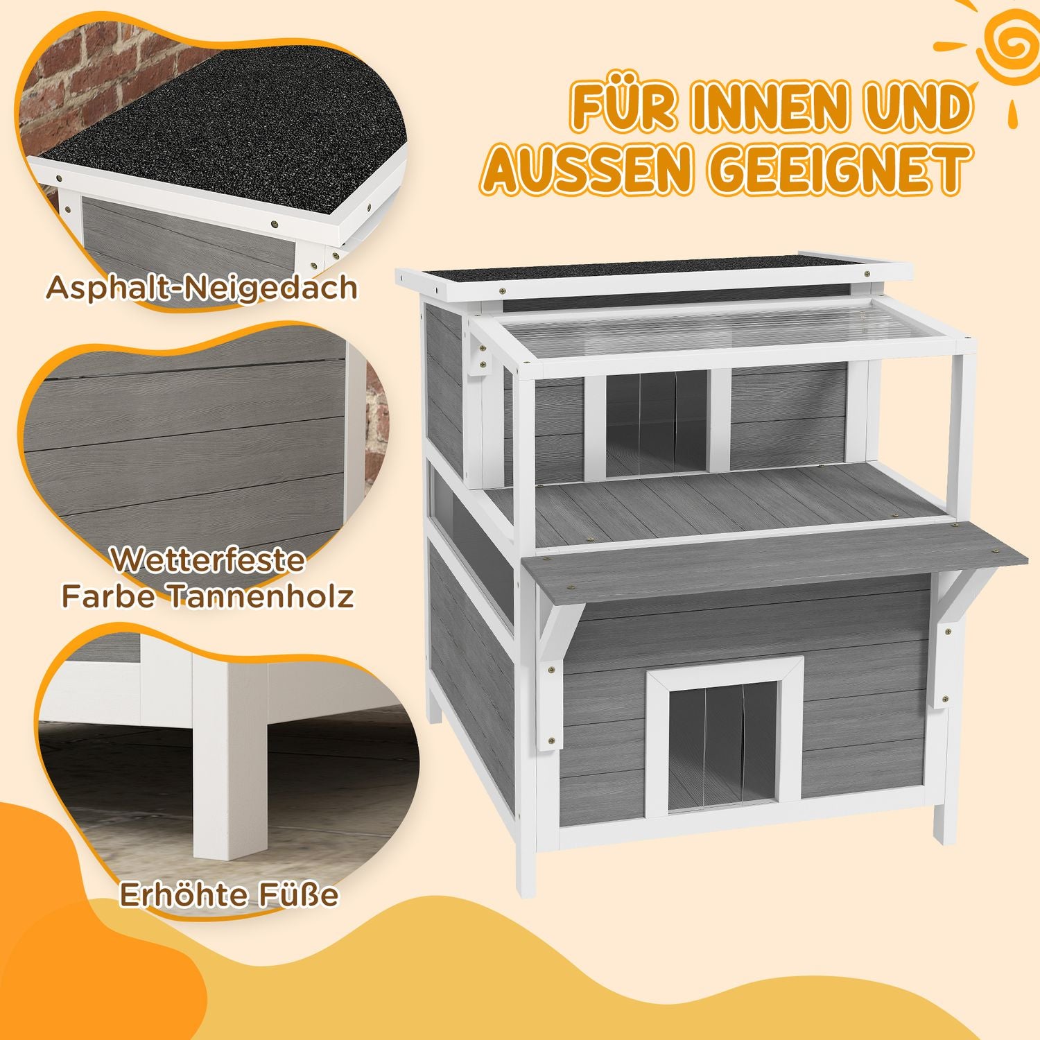 Utomhus Gran Wood Cat House med balkong, 64 x 87 x 76 cm
